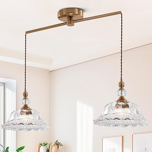 Miniatura 11 de Lámparas colgantes de cristal pequeñas vintage para isla de cocina de 10.6 pulgadas, lámpara de techo colgante ajustable de latón dorado para