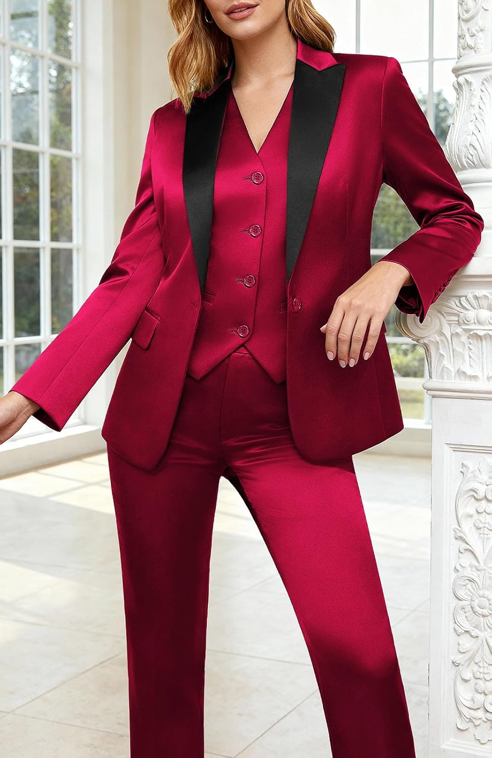 Women's 3 Pieces Satin Suit Black Peak Lapel Fashion Outfits Casual Party Wedding Blazer Jacket Vest Pants Set - Image 4