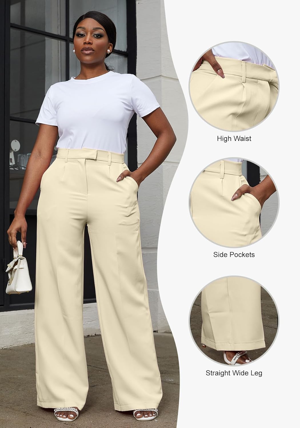LKOUS Women's High Waisted Straight Wide Leg Dress Pants Stretchy Work Trousers with Pockets Business Casual - Image 4