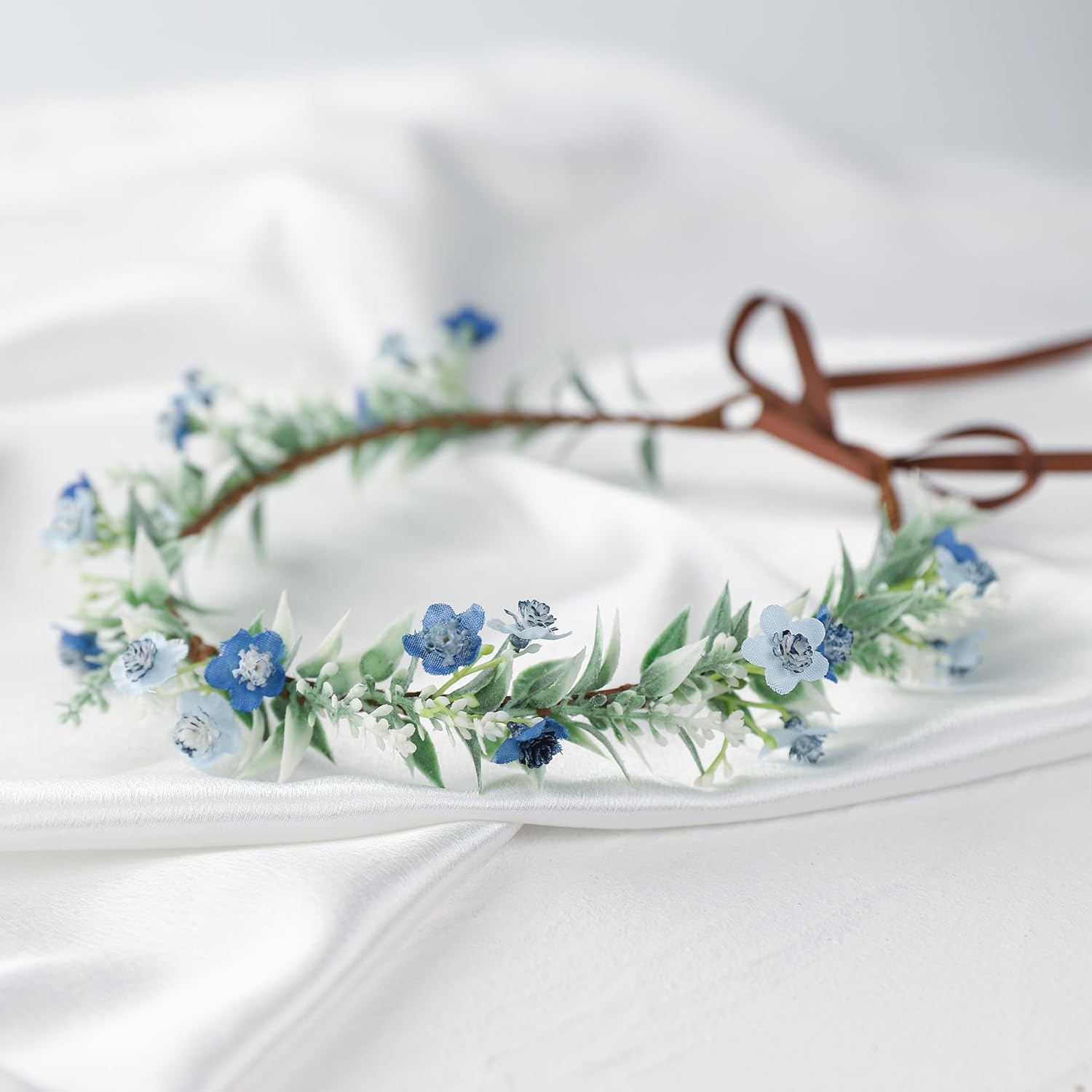 Handmade Blue Flower Crown Green Leaf Headdress for Women Girls Flower Headband Bridal Headpiece Fairy Wreath for Birthday Party Festival Cosplay - Image 5