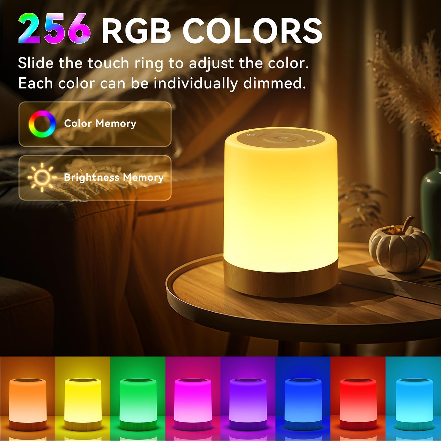 Auxmir Lampada da Comodino LED Touch, Abat Jour da Comodino Senza Fili, Colori RGB, 4 Modalità, 5 Livelli di Luminosità, Ricaricabile 3000mAh, Funzione Timer, Luce Notturna per Camera da letto Regalo