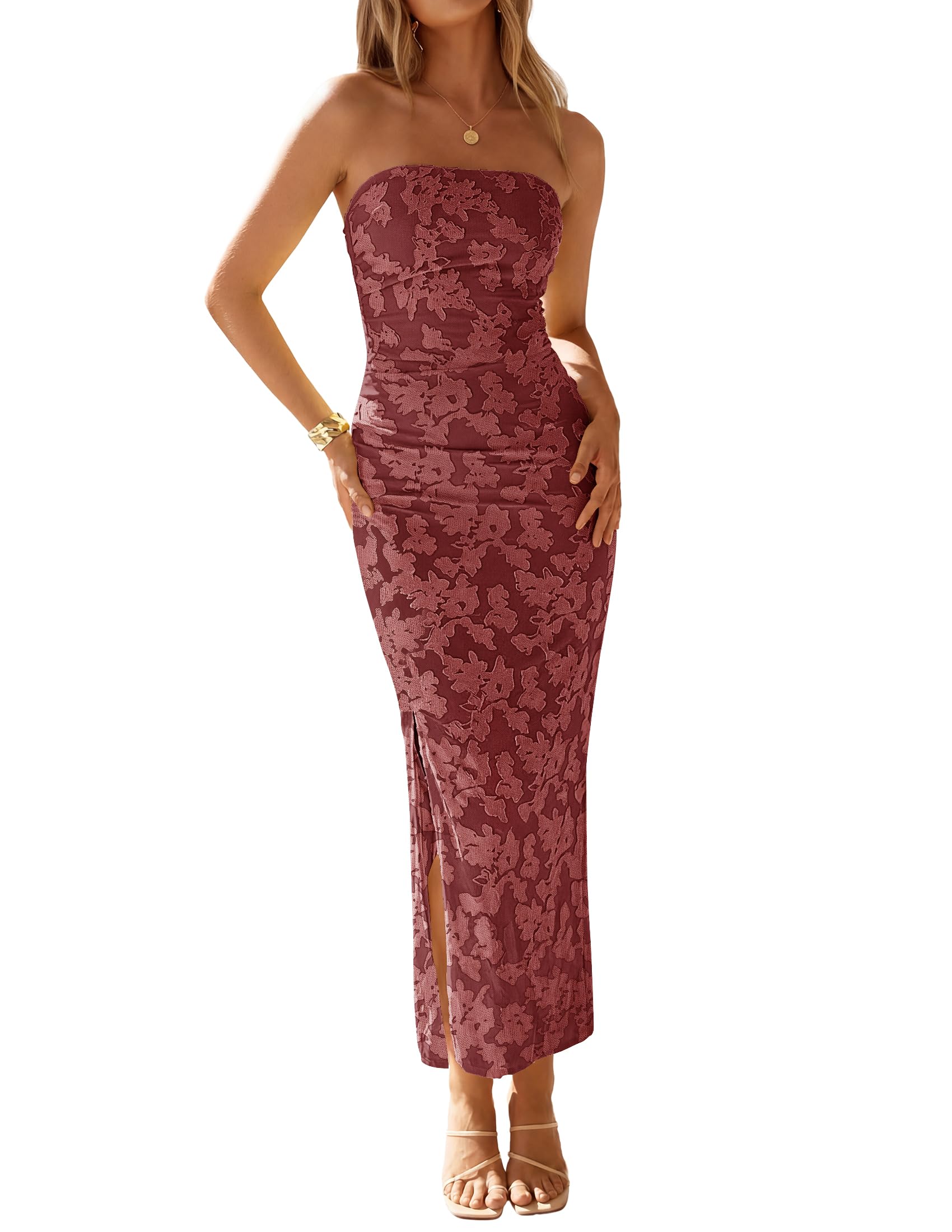 ZESICA Floral Strapless Maxi Bodycon