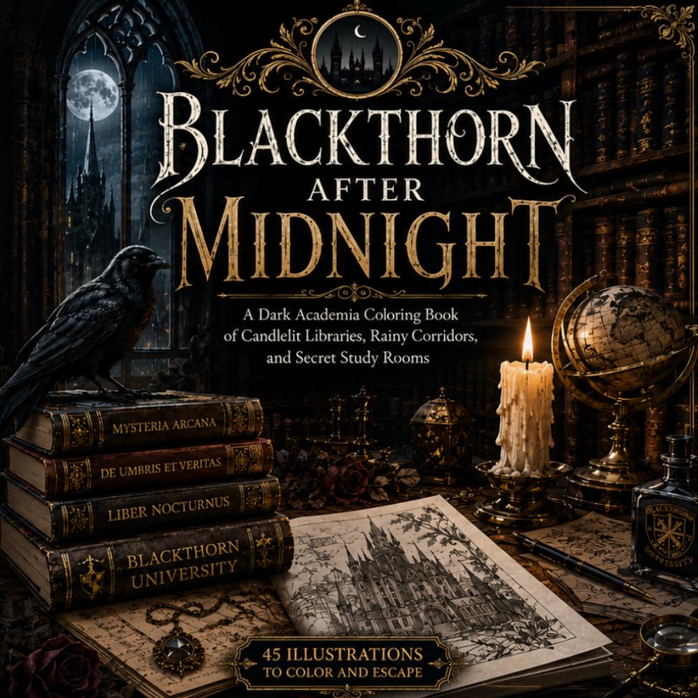 Blackthorn After Midnight: A Dark Academia Coloring Book of Candlelit Libraries, Rainy Corridors, and Secret Study Rooms (The Blackthorn Collection)