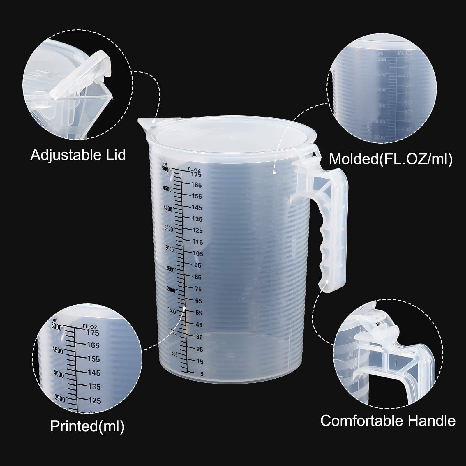 PATIKIL Vaso graduado, taza medidora de líquido de plástico PP de 5000 ml, graduaciones negras con tapa de mango y boquilla para laboratorio, cocina, hogar