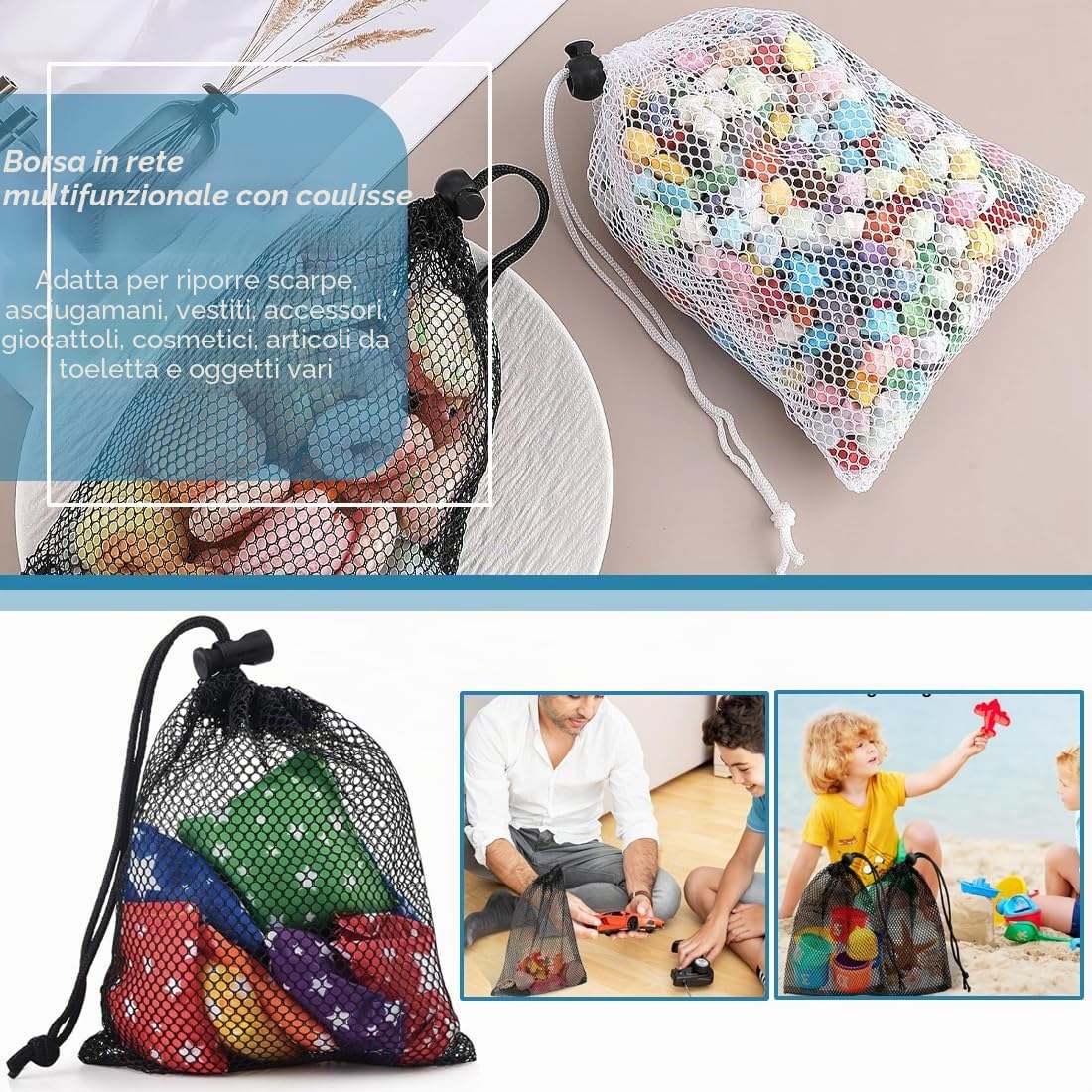 4 Pezzi sacchetti a rete in nylon, con coulisse, per palestra, viaggi, attività all'aperto, Sacchetti a Rete con Cordoncino, Borsa da Spiaggia in Rete, Borsa a Retes in Nylon (Nero/Bianco)