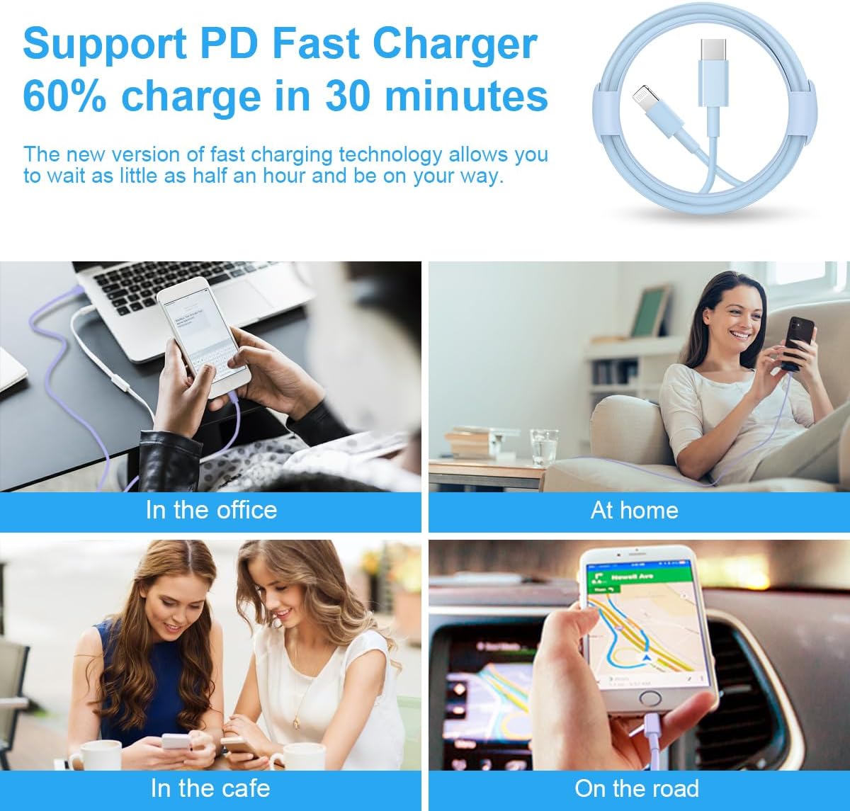 10 Ft iPhone Fast Charger, 2-Pack 20W Super Fast Charger with Long Fast Charging Cable for iPhone 14/13/12/11 Pro Max,14 Plus,Mini,Pro/XS/SE/XR/iPad - Blue