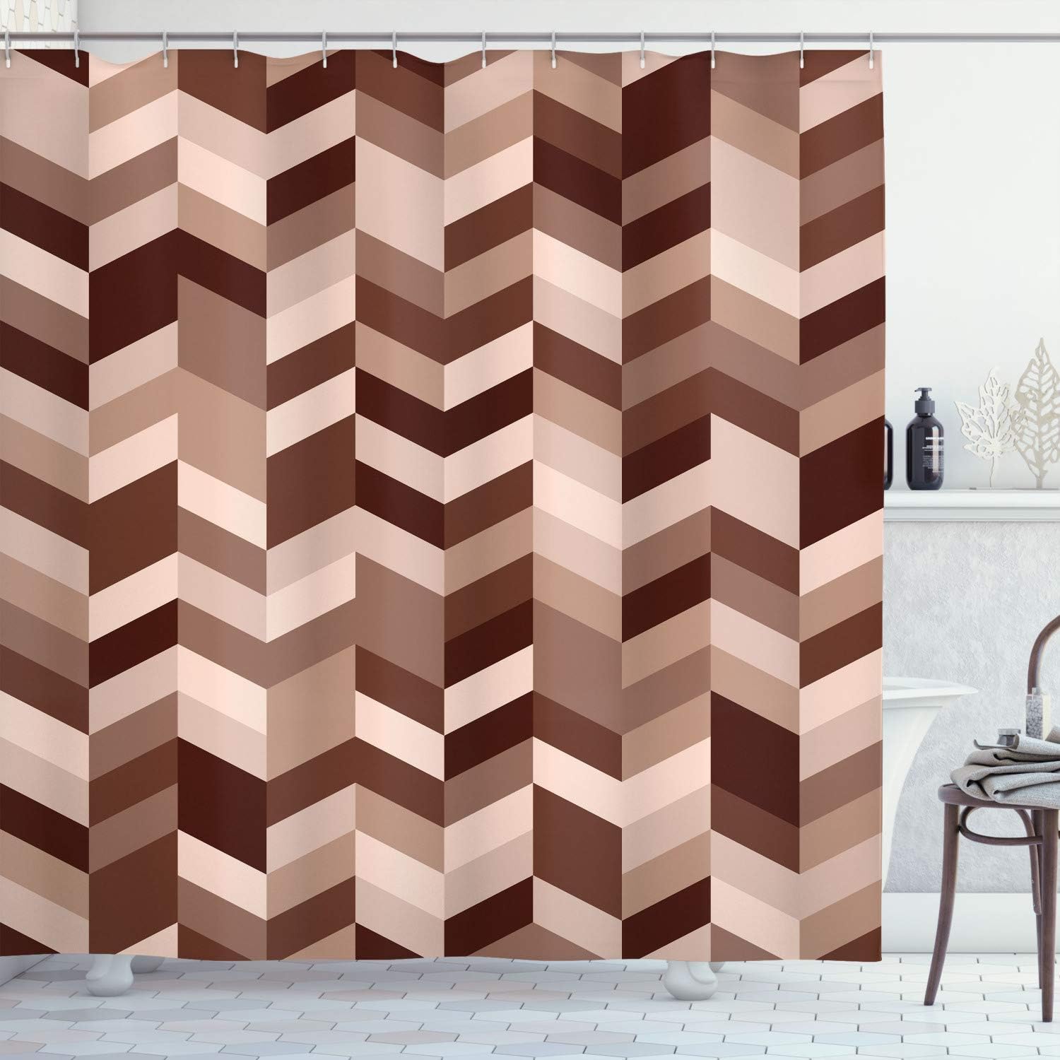 Ambesonne Geometrical Shower Curtain, Modern Herringbone Pattern with Zigzag Twisty Stripes Image Illustration, Cloth Fabric Bathroom Decor Set with Hooks, 70" Long, Fern Green