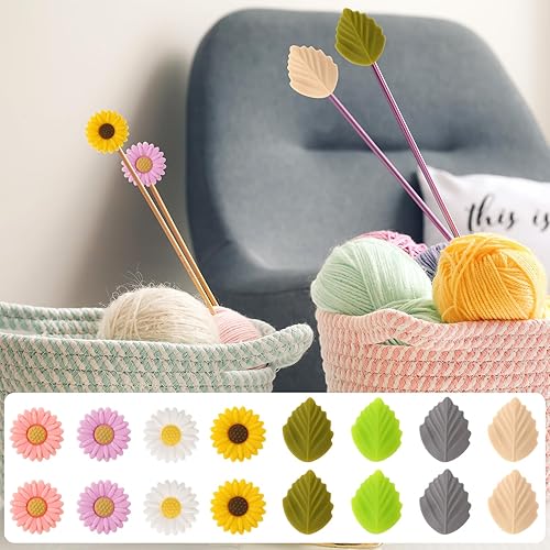 Miniatura 4 de ZEYIYER 16 tapones de aguja de tejer, protectores de punta de aguja de tejer de silicona, lindas tapas de aguja de punto de margarita y hojas,