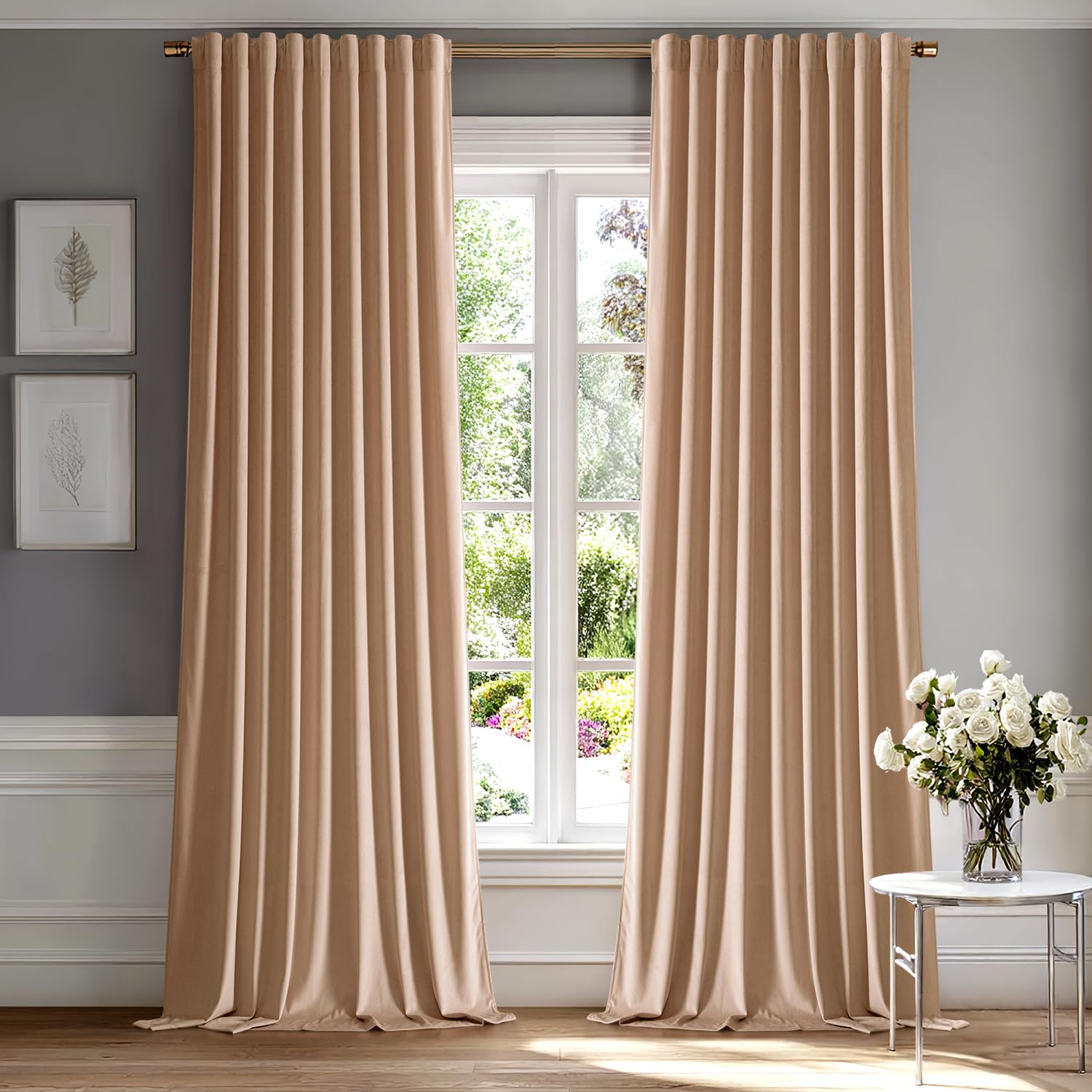 MIULEE Blush Beige Velvet Curtains 90 inches - Luxury Blackout Curtains for Bedroom Living Room Thermal Insulated Super Soft Window Drapes Rod Pocket