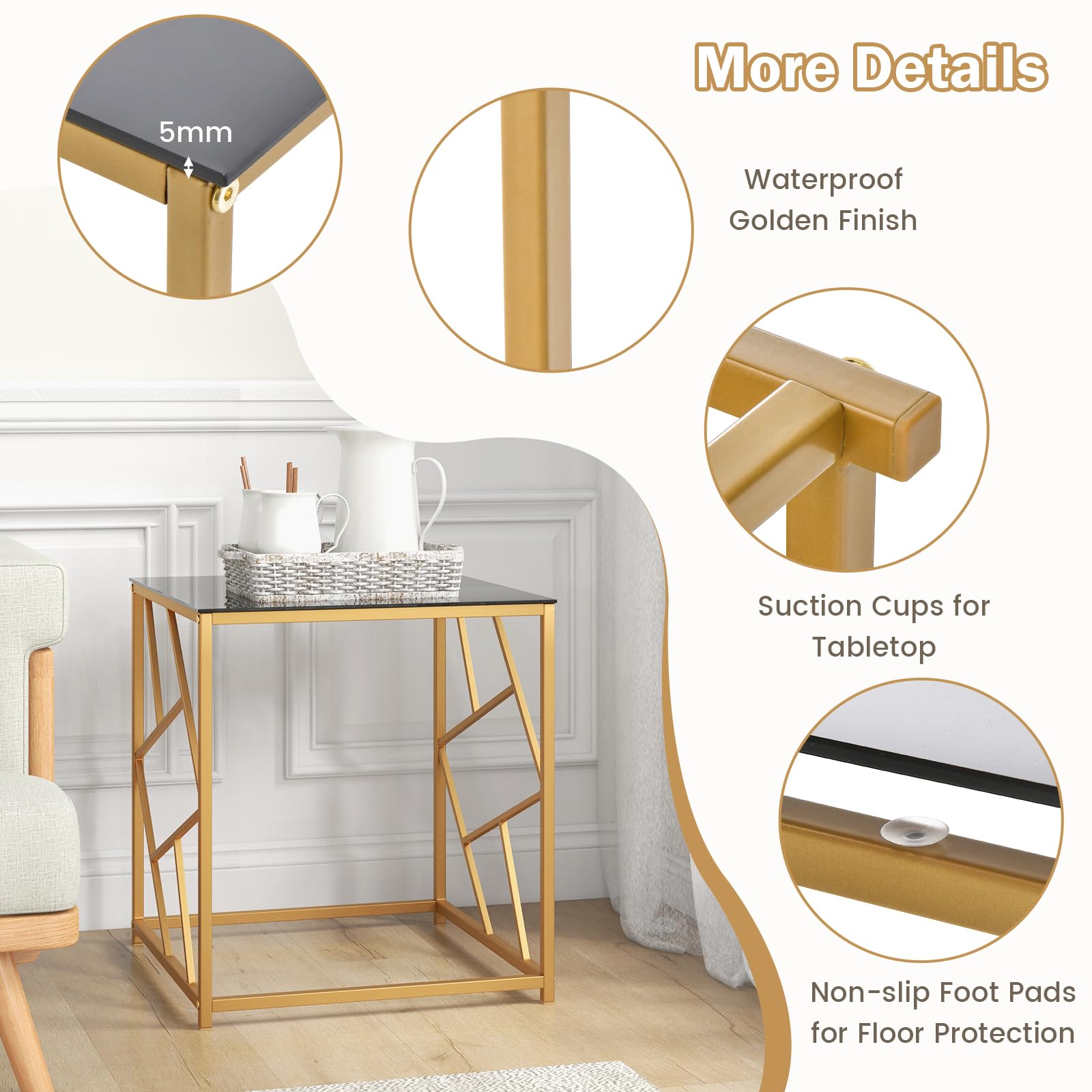 GIANTEX Mesa Lateral con Tablero de Cristal Templado & Estructura Calada de Metal Resistente, Mesa de Ocio Moderna como Decoración para Sala de Estar, Estudio, Dorado y Negro