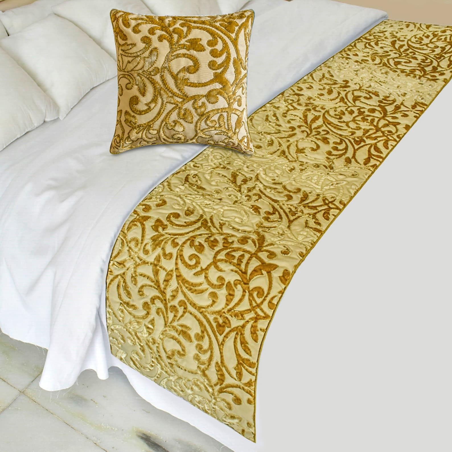 The HomeCentric King/Queen/Twin Beige Gold Decorative Bed Runner Twin 133x45 cm Bed Runner With Two Cushion Cover, Cut Velvet, Beaded Bed Scarf on Velvet fabric - Serene Symphony