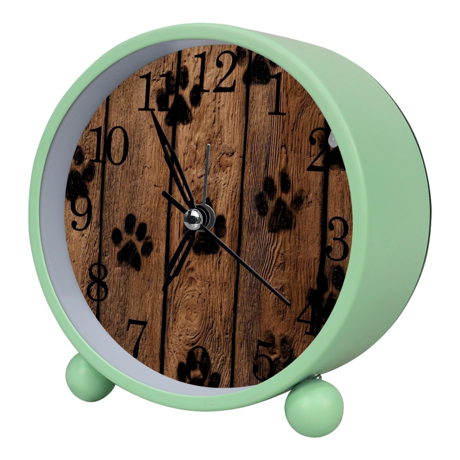 etoenbrc Wooden Rural Dog Paw Print Round Battery Operated Bedside Alarm Clock Non-Ticking Desktop Silent Analog Alarm Clock with Light
