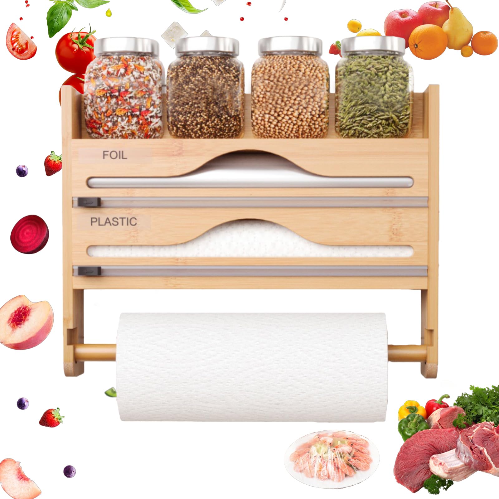 Dispensador Papel Aluminio y Film con Cortador,Dispensador de Pared para Papel de Cocina, Aluminio y Film Transparente,4 en 1 Organizador de Cocina de Pared con Estante para Especias