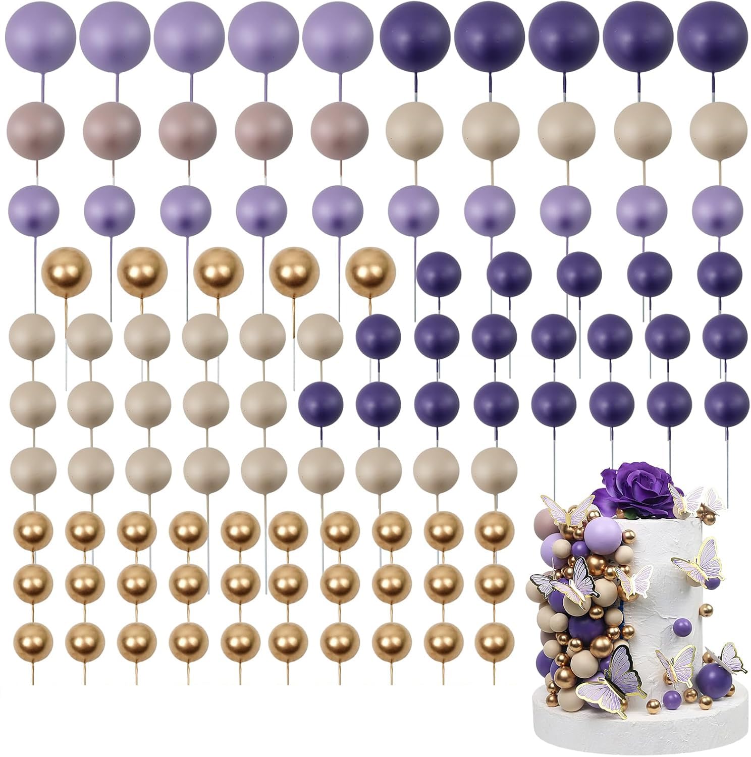 115PCS Ball Cake Topper Sticks Mini Balloons for Cake Decorating Supplies Foam Balls Cake decorations for Baby Shower Cake Birthday Cake Toppers Decorations (Purple Theme)