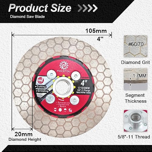 Miniatura 7 de Hoja de sierra para azulejos de diamante, rueda de disco de corte y molienda de 5 pulgadas con brida de 58 pulgadas - 11 para azulejos de cerámica,