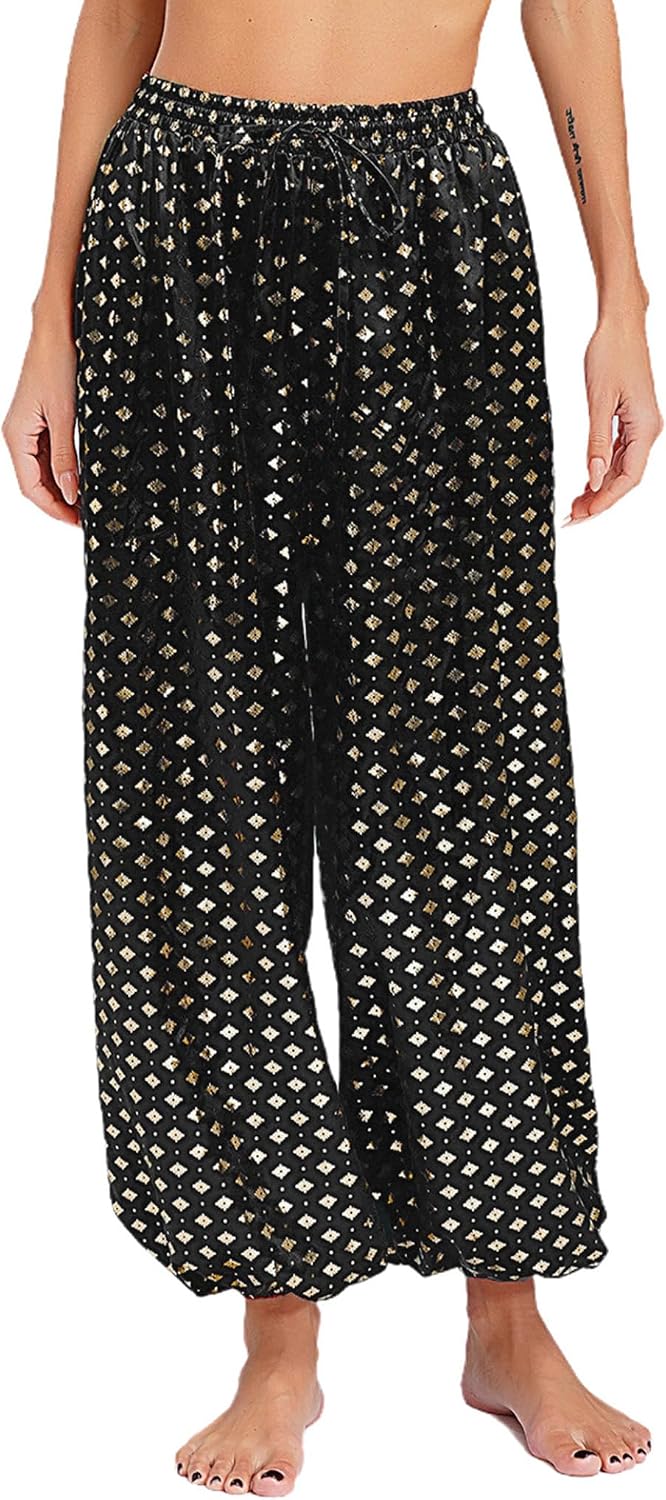 Women's Metallic Floral Print Belly Dance Pants Elastic Waist Bloomers Trousers Halloween Harem Pants