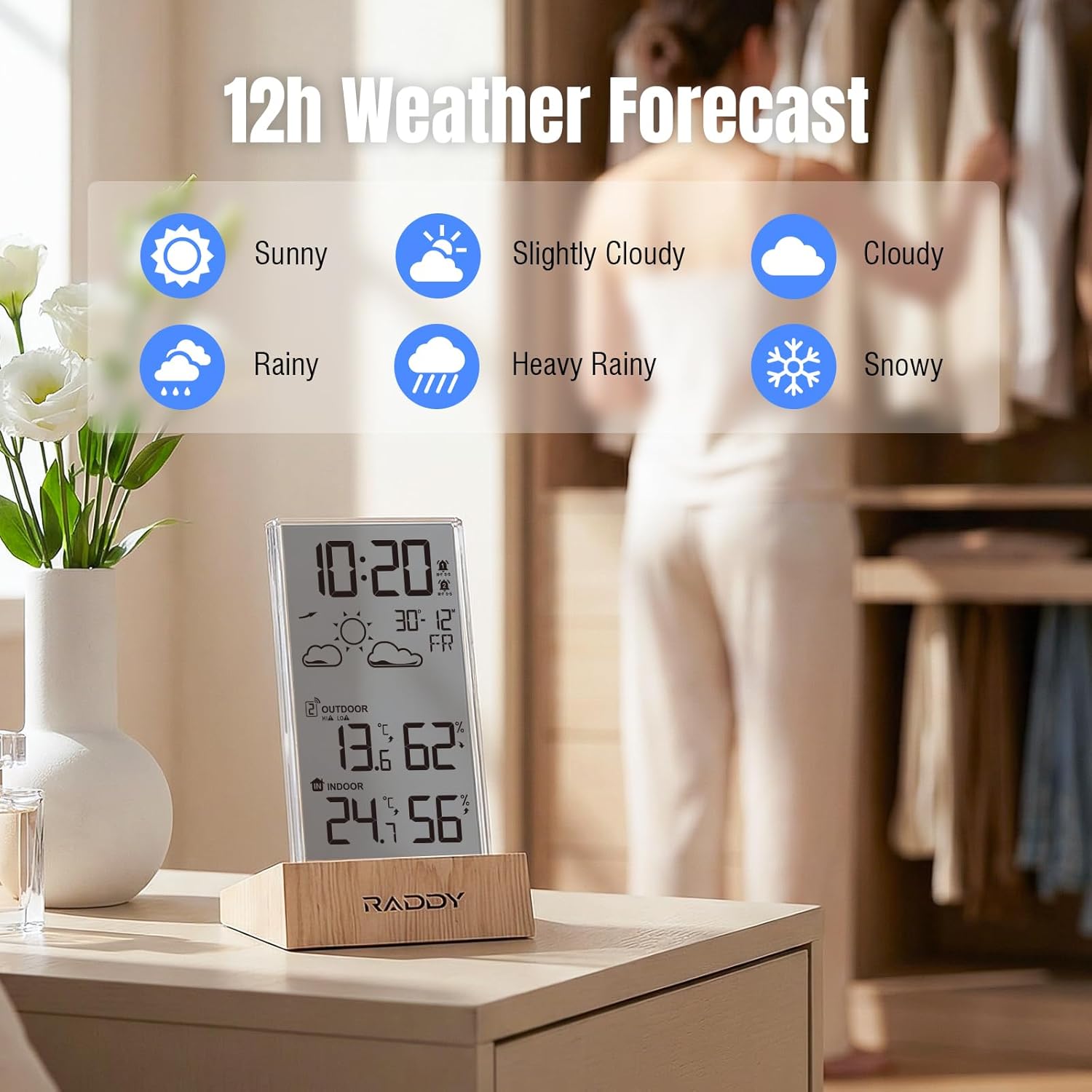 Raddy V5 Wireless Weather Station, Indoor Outdoor Thermometer & Hygrometer, Battery Powered Temperature Humidity Monitor, 5.0" LCD Display, 12-Hour Forecast, Frost Alert, Remote Sensor
