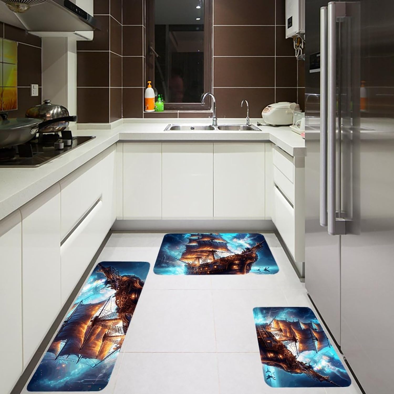 Starry Night Ancient Ship Kitchen Mats for Floor 3 Pcs Kitchen Rugs