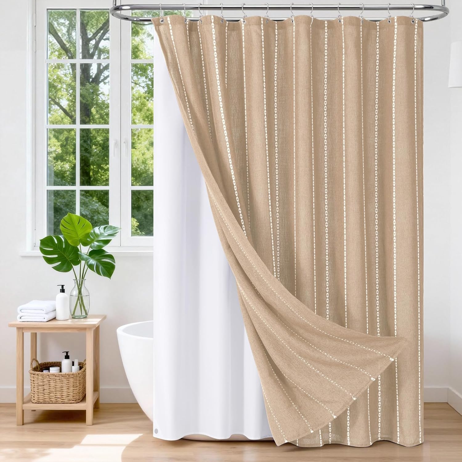 VANZAVANZU 3 in 1 Shower Curtain Set, Polyester and Linen Check Shower Curtain and Liner Set with 12 Double Sided Shower Curtain Hooks, 330GSM Luxury Weighted Cloth Shower Curtains for Bathroom