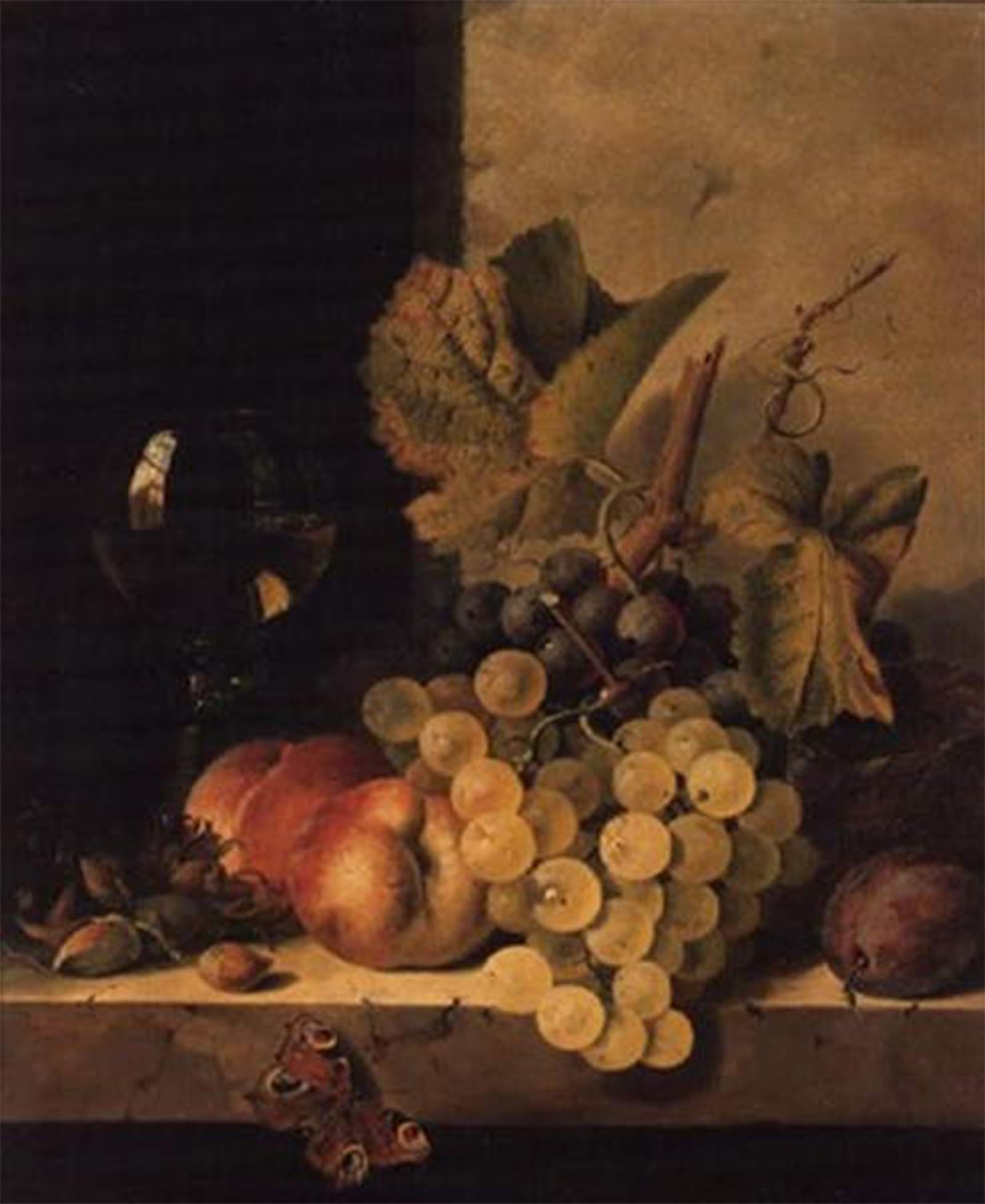 ARTXLXXBN Famous Painting Canvas Artwork Graffiti Print Grapes Peaches and a Wine Glass on a Ledge by Edward Ladell Portrait Canvas Image for Home Decor 60x90cm