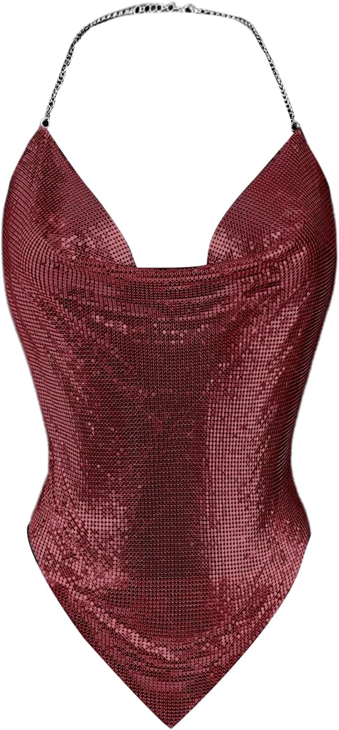 Floerns Women's Rhinestone Halter Tops Cowl Neck Sparkly Hanky Hem Date Night Cami Top