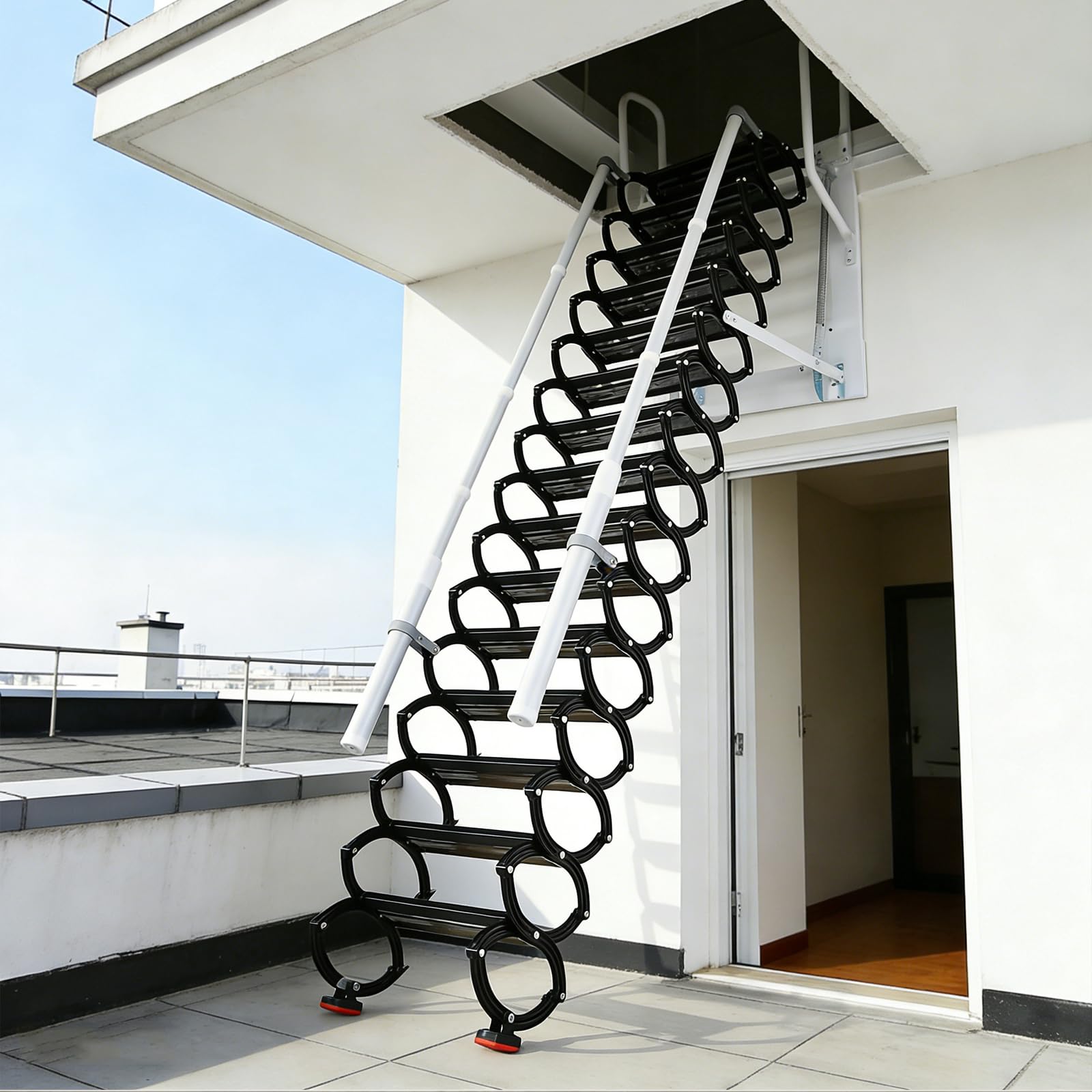 2.8m Escalier escamotable Mural, échelle télescopique métallique antidérapante avec système de Descente par poignée, Charge 300kg, apte à Domicile/entrepôt (Noir, 11 étapes)