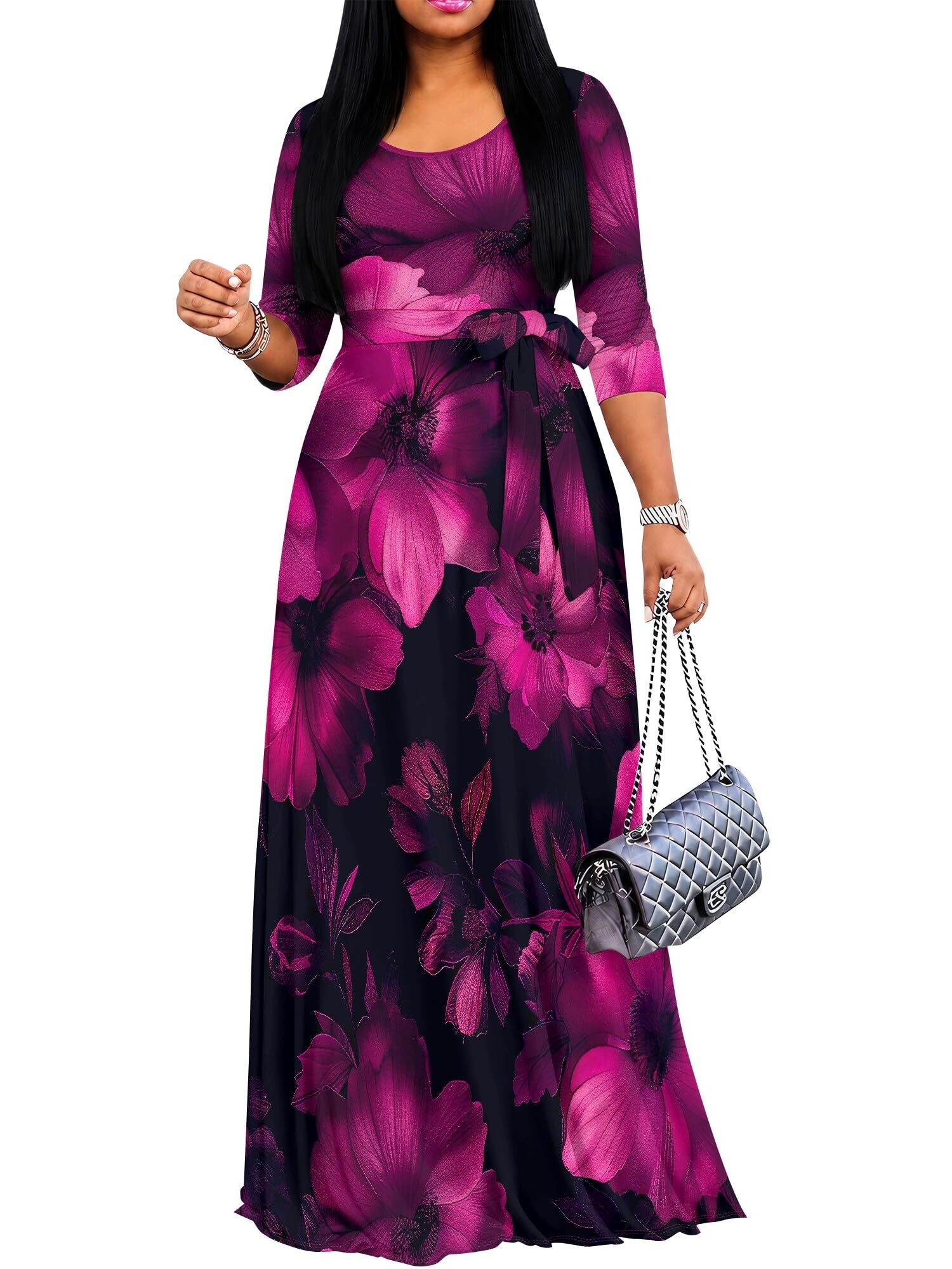 PinkPatty Women's Print Maxi Dresses 3/4 Sleeve Flowy Long Dress V Neck Wrap Tie Waist Sundress