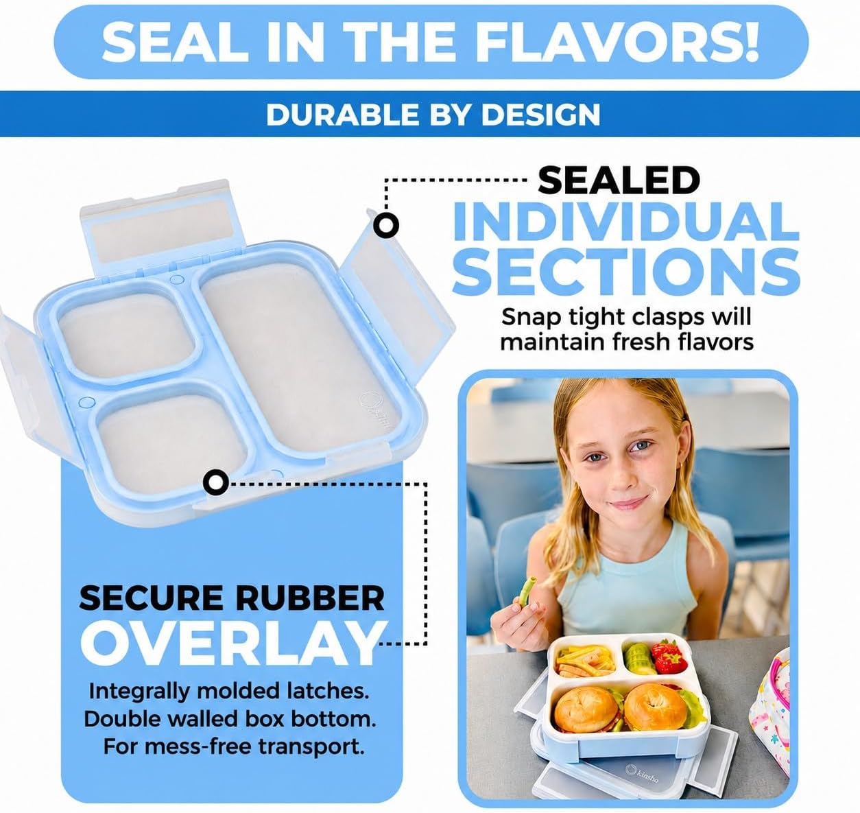 kinsho Bento Boxes for Kids, Lunch Box Snack Containers for Boys Girls Toddler Daycare School Travel, Leak Proof 3 Divider Portion Control Containers BPA Free - Pastel Blue +Teal 2 Pack Set image 4