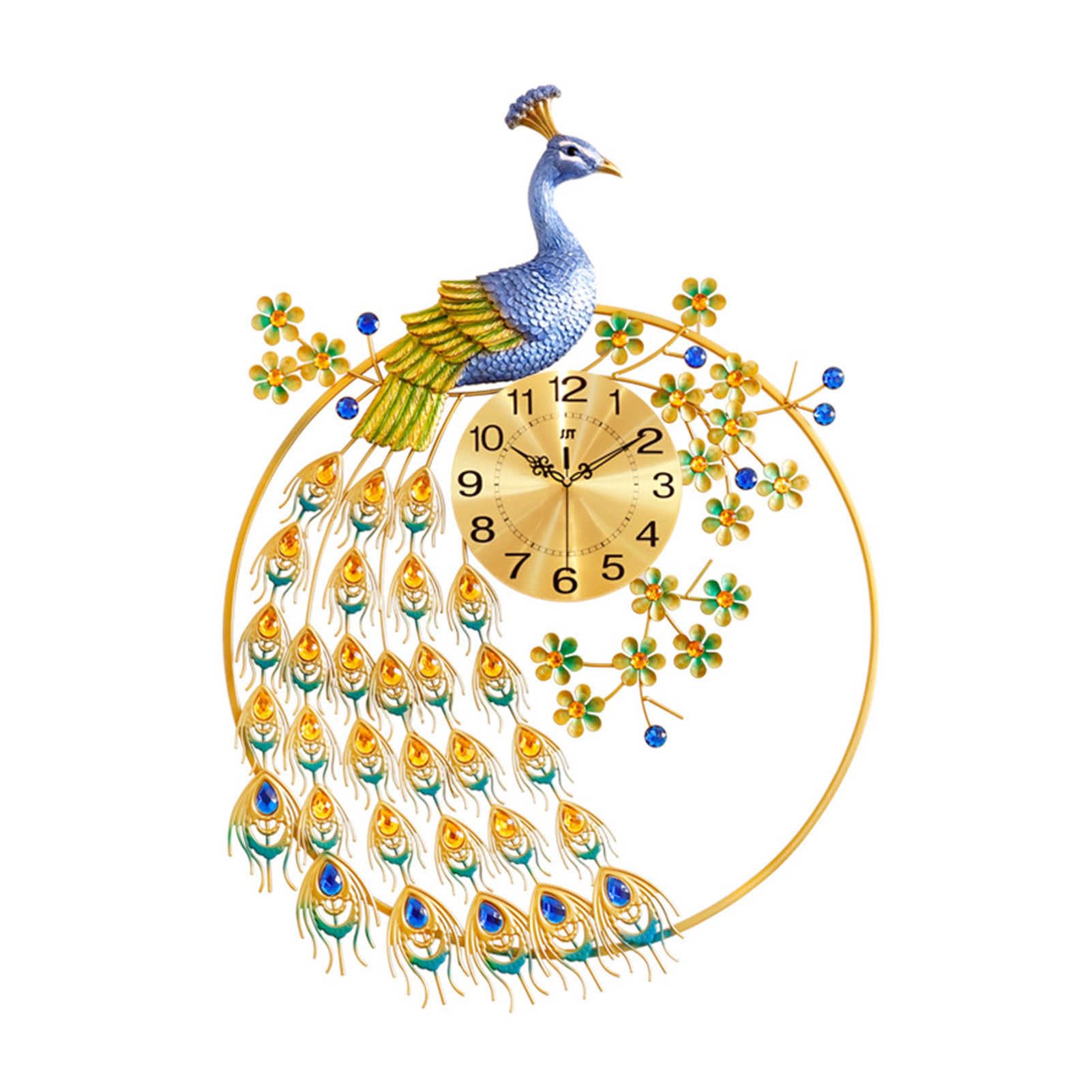 Metal Wall Art Clock, Gold Peacock Metal Wall Art Clock - Large 3D Quartz Crystal Diamond Decor, Perfect Home Décor for Living Room Hotel Decoration