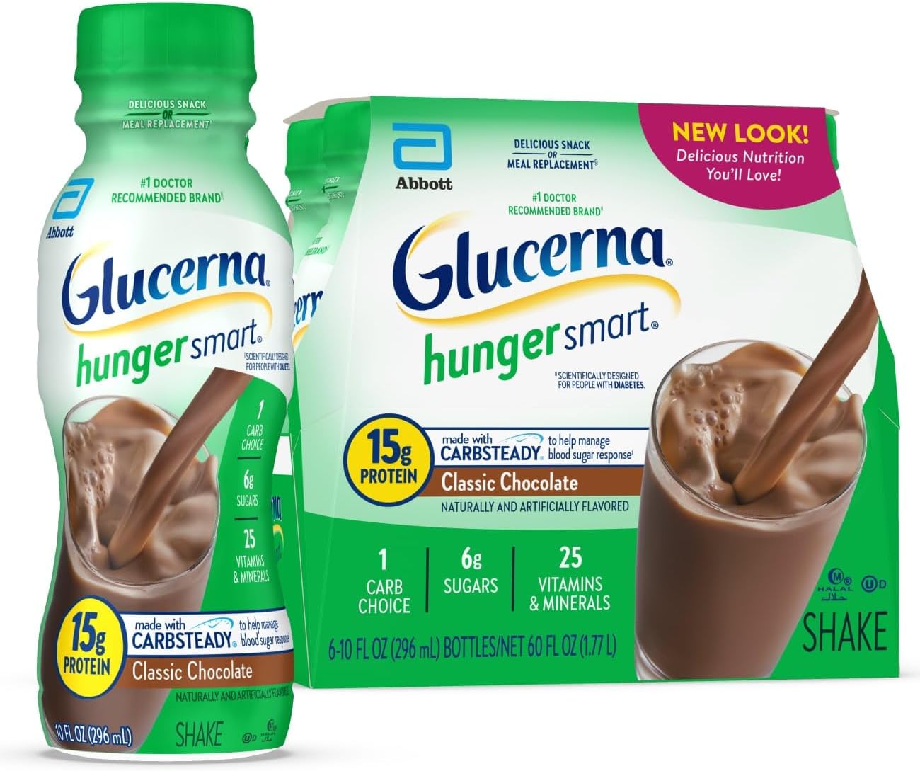 Glucerna Hunger Smart Diabetes Care Shake, Classic Chocolate, Diabetic Meal Replacement to Support Blood Sugar Management, 15g Protein, 180 Calories, Ready to Drink, 10-fl-oz Bottle, 6 Pack