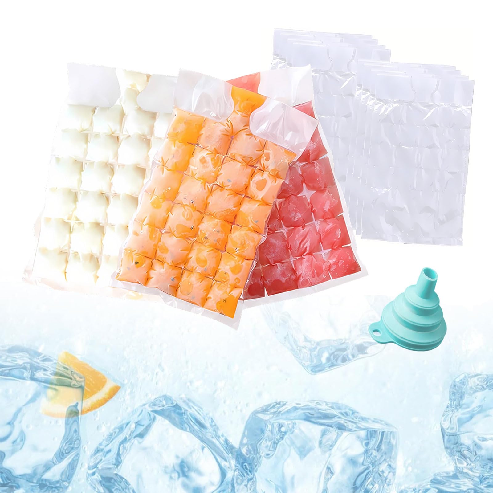 60Pack Ice Bags for 1440 Ice Cubes, Disposable Freezer Bag with Convenient Funnel, Ice Cube Bags for Parties, Camping, Travel, Kitchen