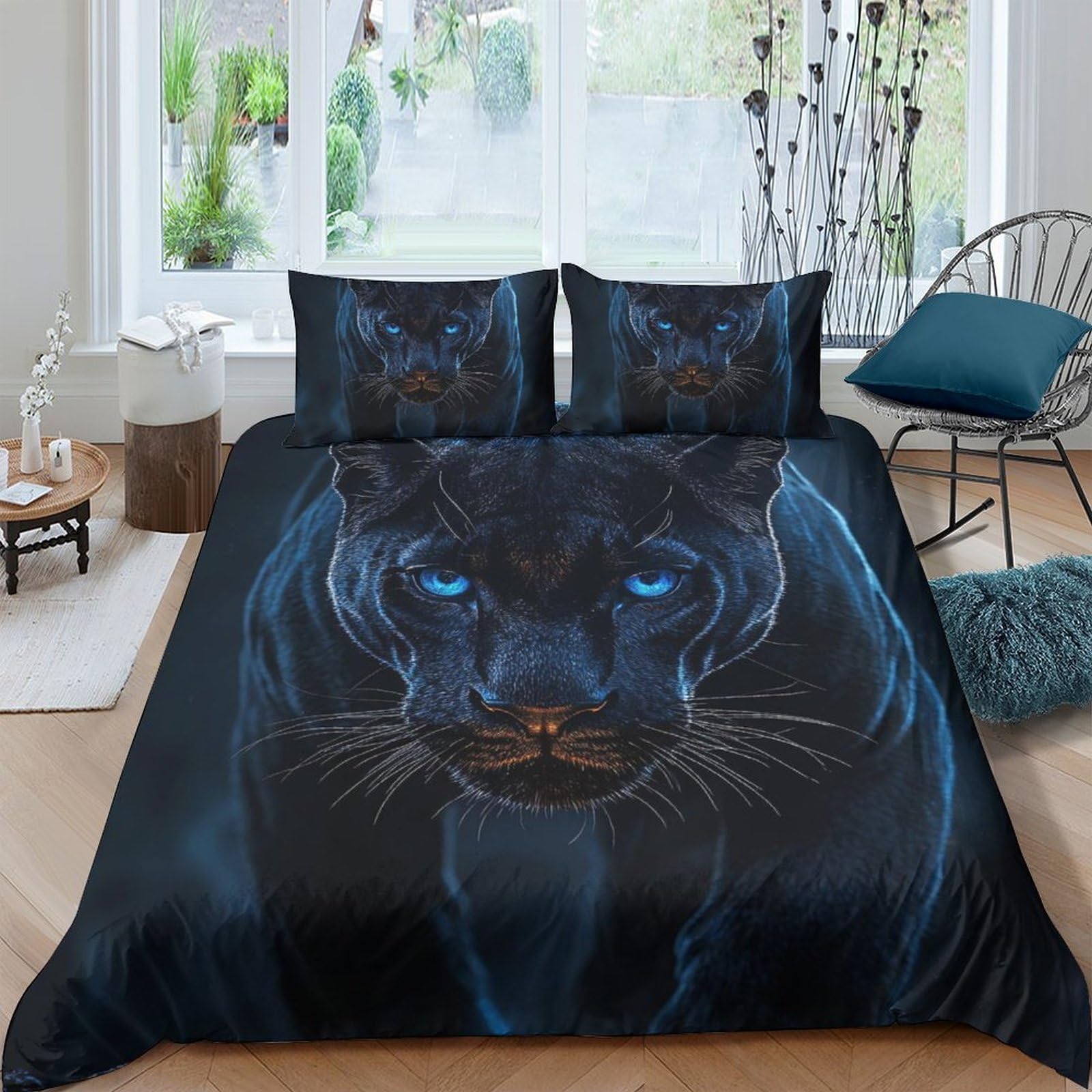 Ctjqhvkz Style-7 3D Printed Black Panther Fitted Sheet Microfiber Non-Slip Bed Sheet Blue Eyes Bedroom Decor Easy Care Mattress Cover Single（135X200cm）