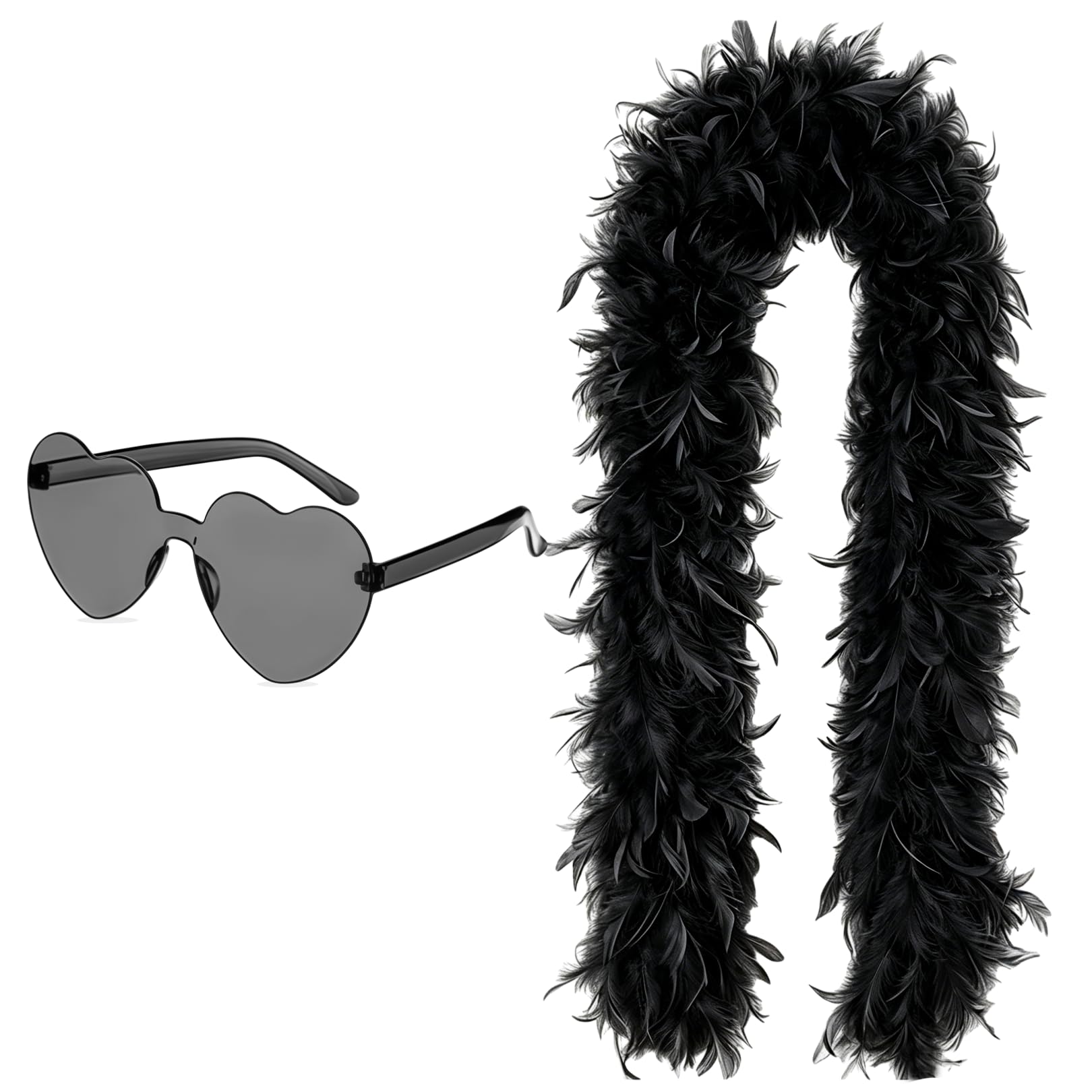 Mdlooin BLack Feather Boa 45g 2m (6.6ft) with Heart Rimless Sunglasses