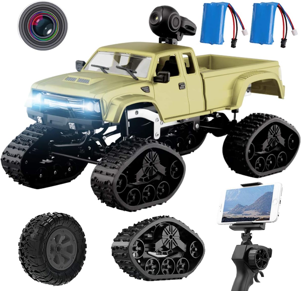 REMOKING RC Hobby Toys Military Truck Off-Road Sport Cars 4WD 2.4Ghz Rock Crawler Vehicle with Wi-Fi HD Camera Gifts for Kids and Adults（Included 2 Kinds of Wheels 2 Batteries）