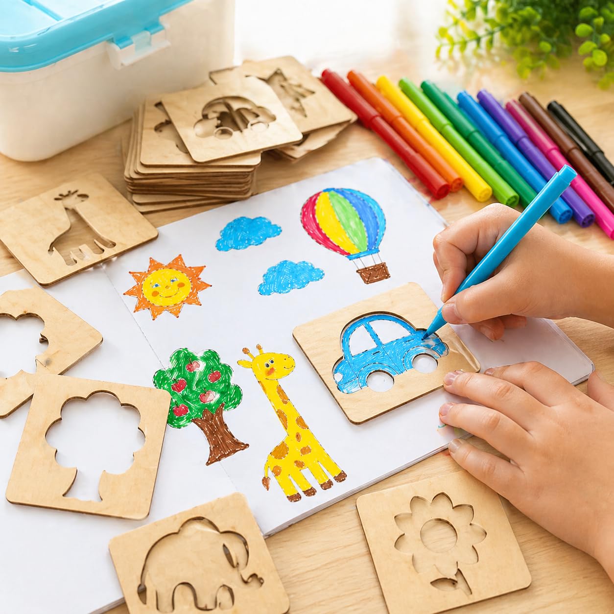 Panda World Kids Wooden Painting Stencil kit (20 pcs) with Crayons, Water Color pens and Pencil Colors (Included), DIY Wooden Drawing Stencil, Colouring Puzzle kit, Wooden Craft kit-image-6