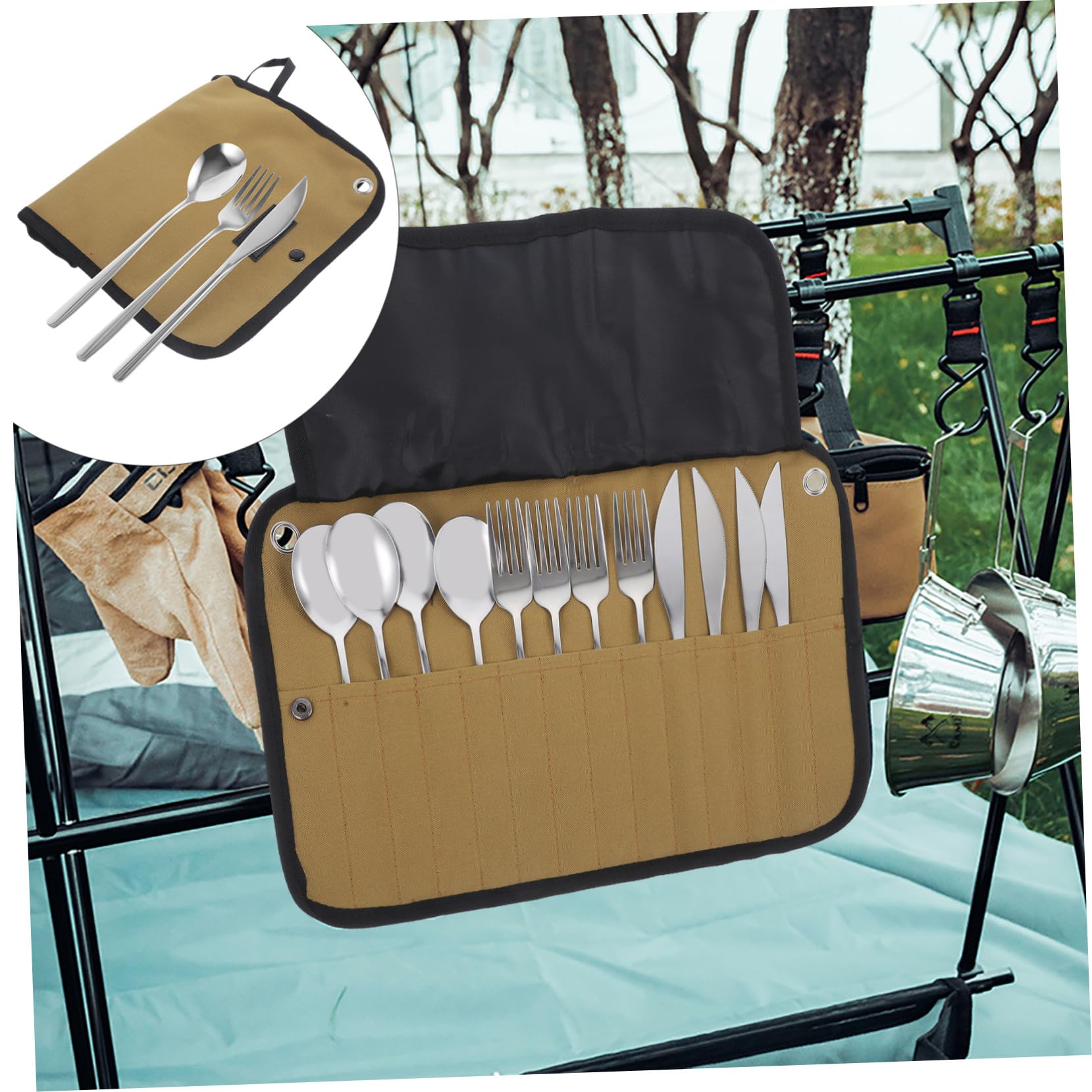 Set de Couverts de Camping 1 Lot en Acier Inoxydable Argenté | Pochette en Nylon, Format Compact, Facile à Transporter Nettoyer, pour Pique-niques Cuisine