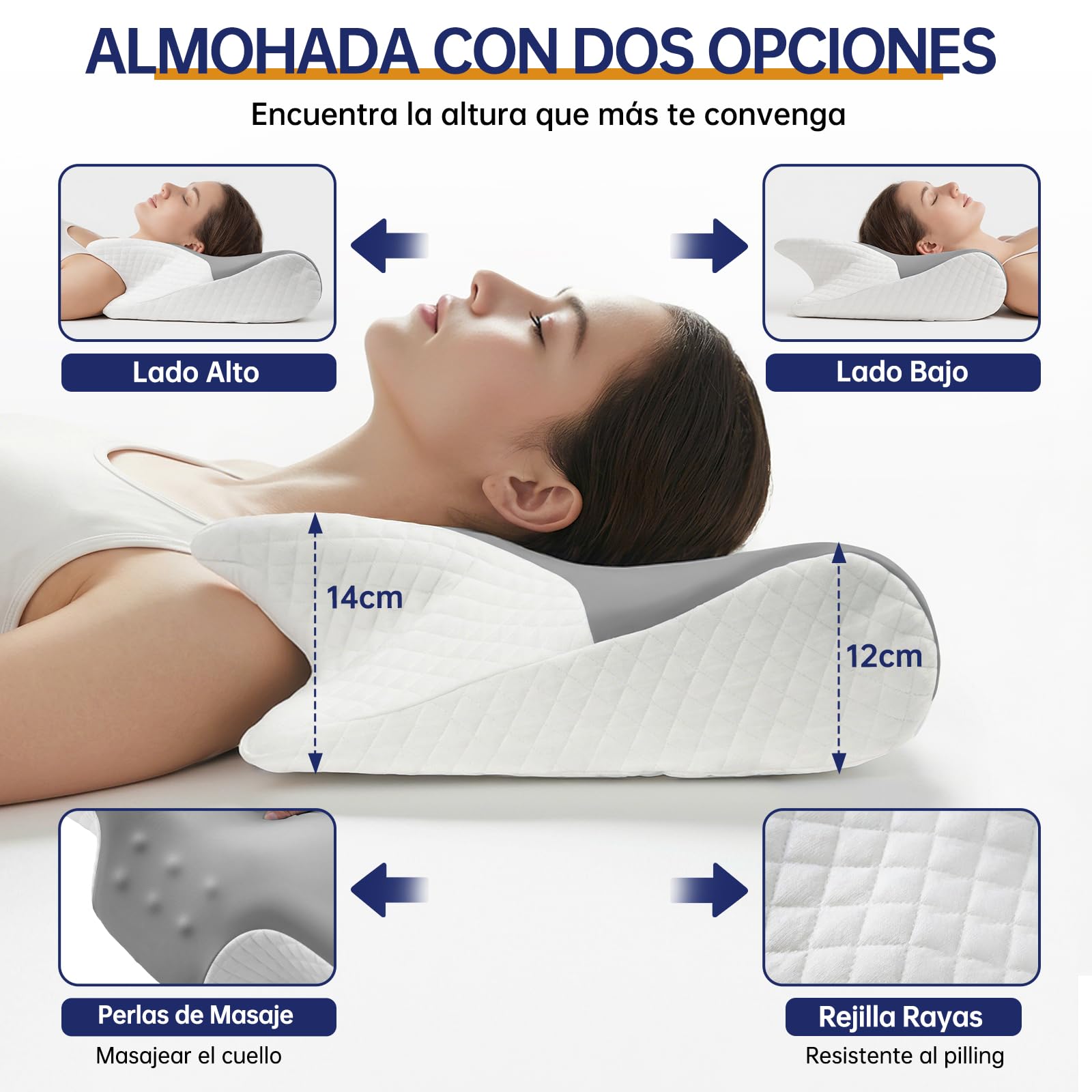 Almohada Cervicales y Cuello 2 en 1, Almohada Ergonómica, Almohada Antironquidos, Ortopedica Cervical para Soporte de Hombro/Cuello/Cabeza de Lado, Espalda y Estómago 60x43x14/12cm Gris