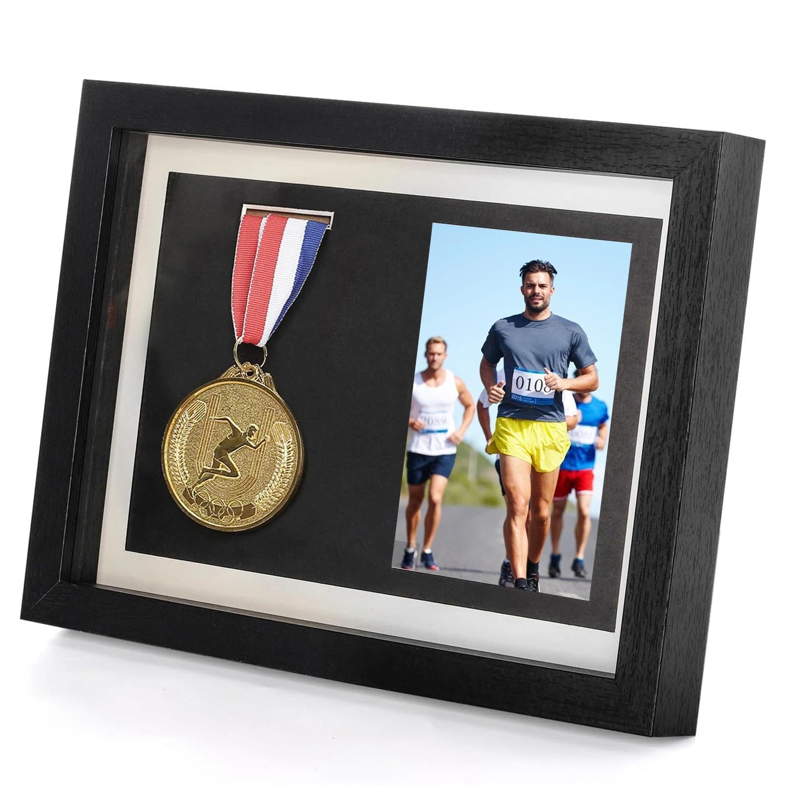 Tflpuo Black Marathon Medal Display Shadow Box, Wood Medal And Photo Display Storage Box Frame Case For Runners All Sports Winners Military Awards