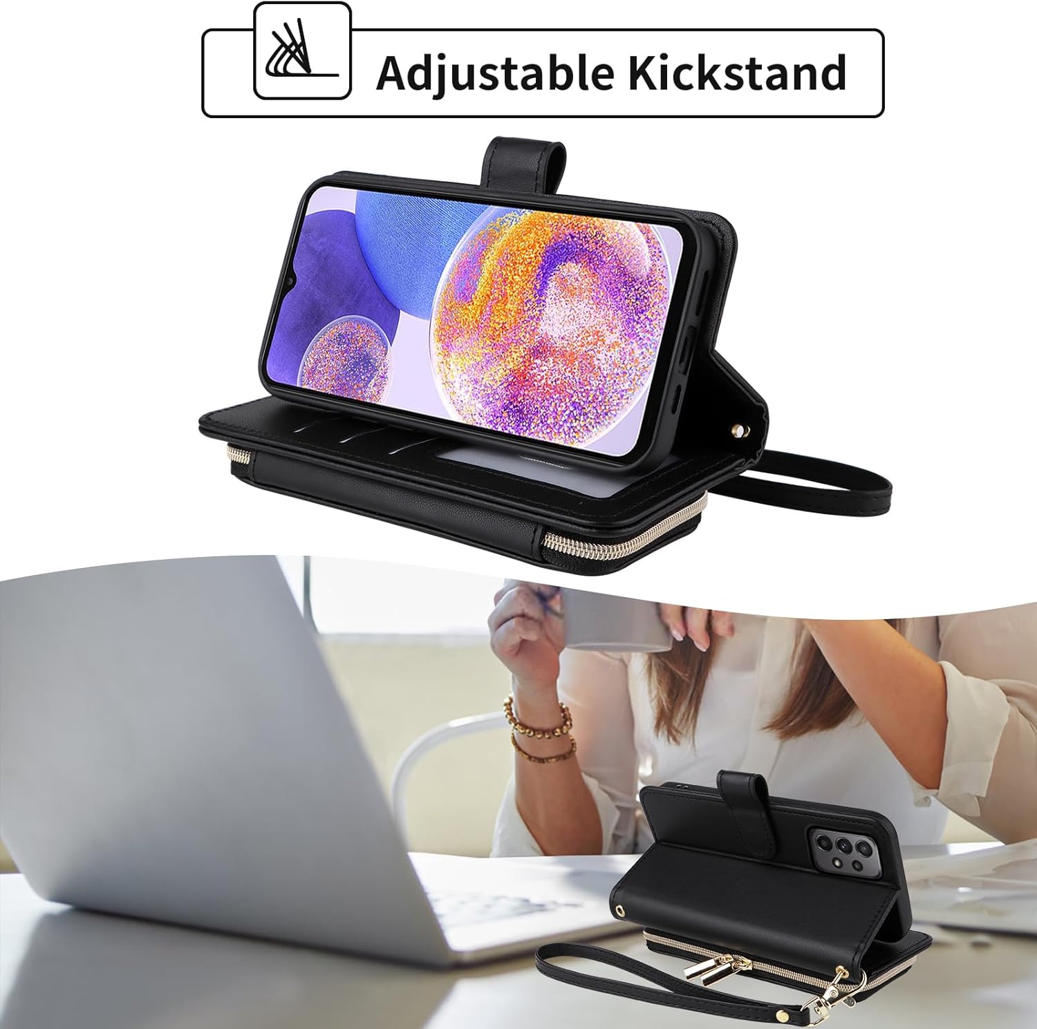 Wallet Case for Samsung Galaxy A23 5G/4G with Detachable Wrist Strap, 9+ Card Slots Zipper Purse, Luxury PU Leather Stand Full Body Accessories Cell Phone Cover for A 23 23A 6.6 Women Black