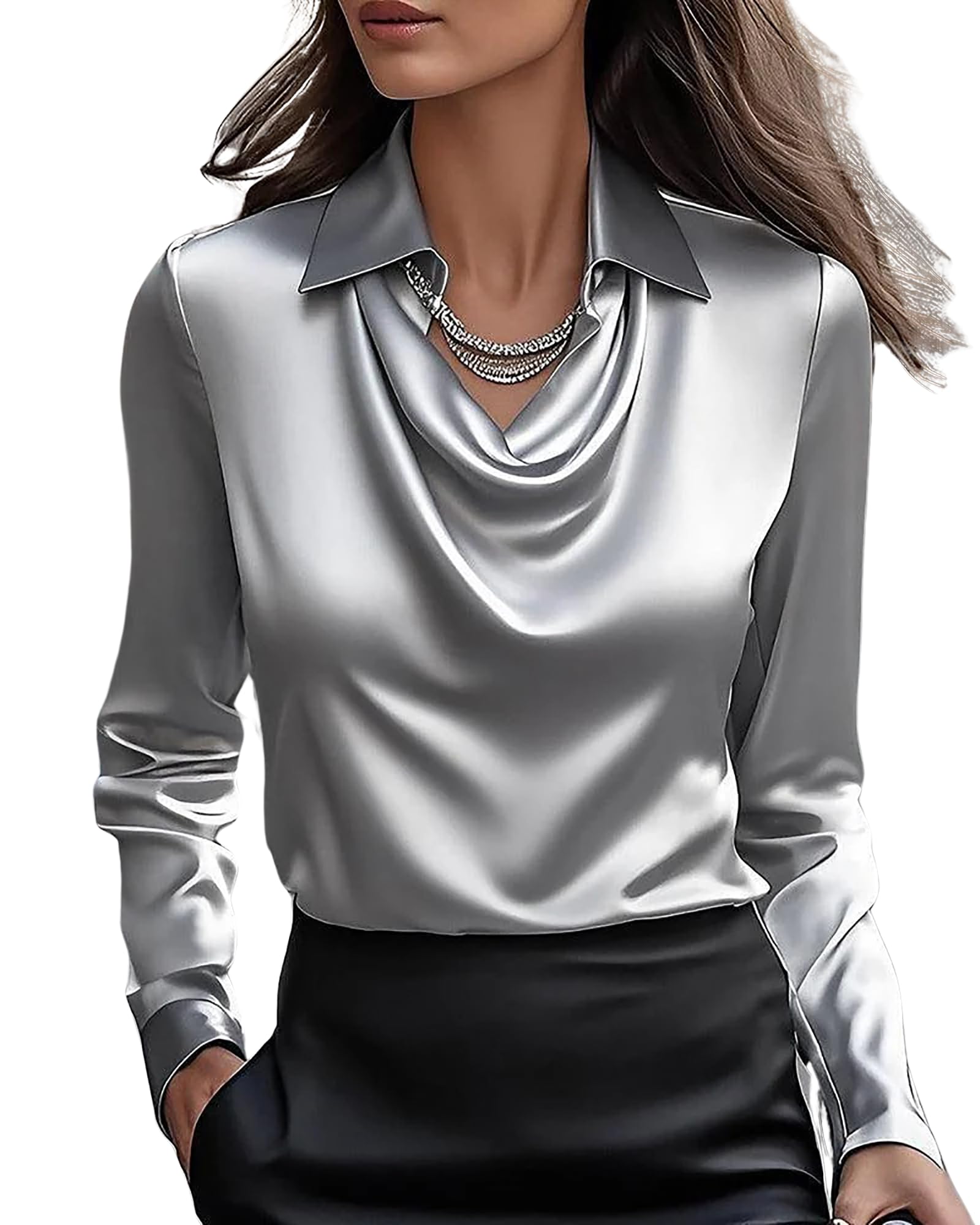 Llecdaseui Women's Grey Elegant Cowl Neck Satin Blouse Long Sleeve Office Work Shirt Silk Top (Xxl,)