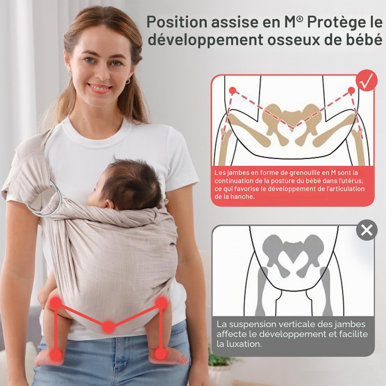 Écharpe de transport pour bébé, porte-bébé nouveau-né à tout-petit, léger et respirant pour l'été, la natation, la piscine, la plage, poitrine avant grise (25,4 à 13,6 kg)