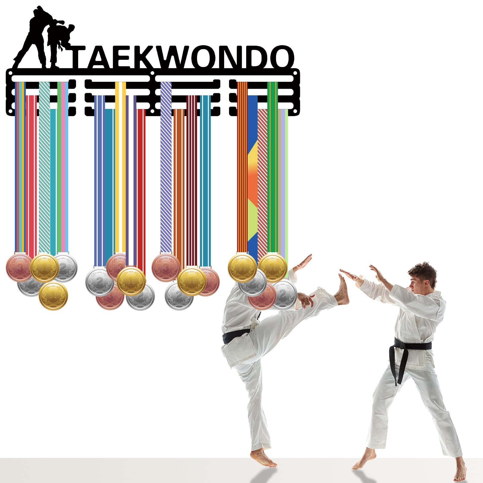 CREATCABIN Espositore per Medaglie Taekwondo Porta Premi Metallo 3 12 Ganci Appendini per Medaglie Gare Sportive Telaio Parete per Appendere 60+ premi Nastri Trofei Organizzatore per Atleti 40 x 15cm