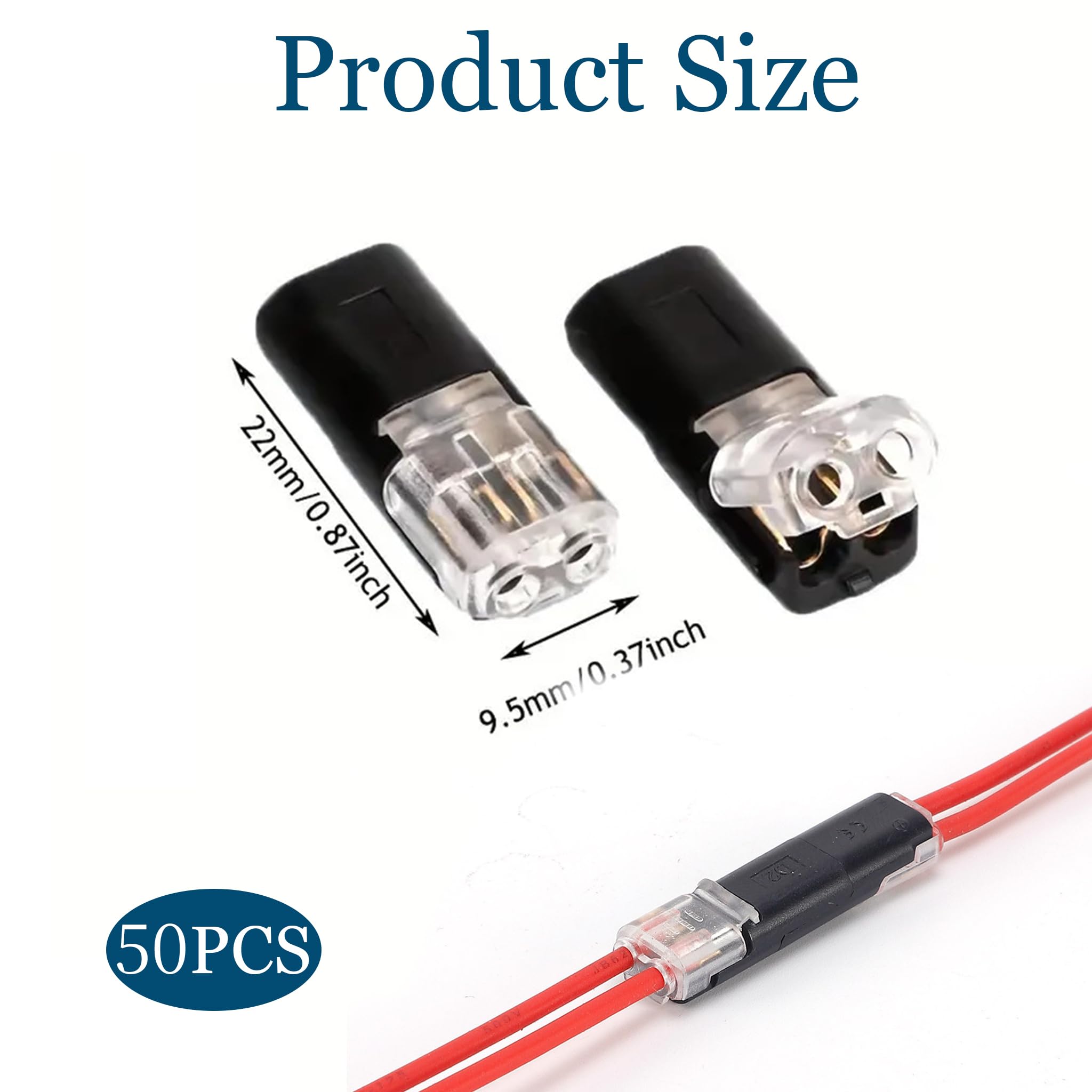 Paquete de 50 conectores de cable no requiere pelado, terminales de cable de bajo voltaje de 2 pines sin soldadura para 18-22 AWG, empalme rápido para altavoz automotriz de tira LED (máximo 10 A)