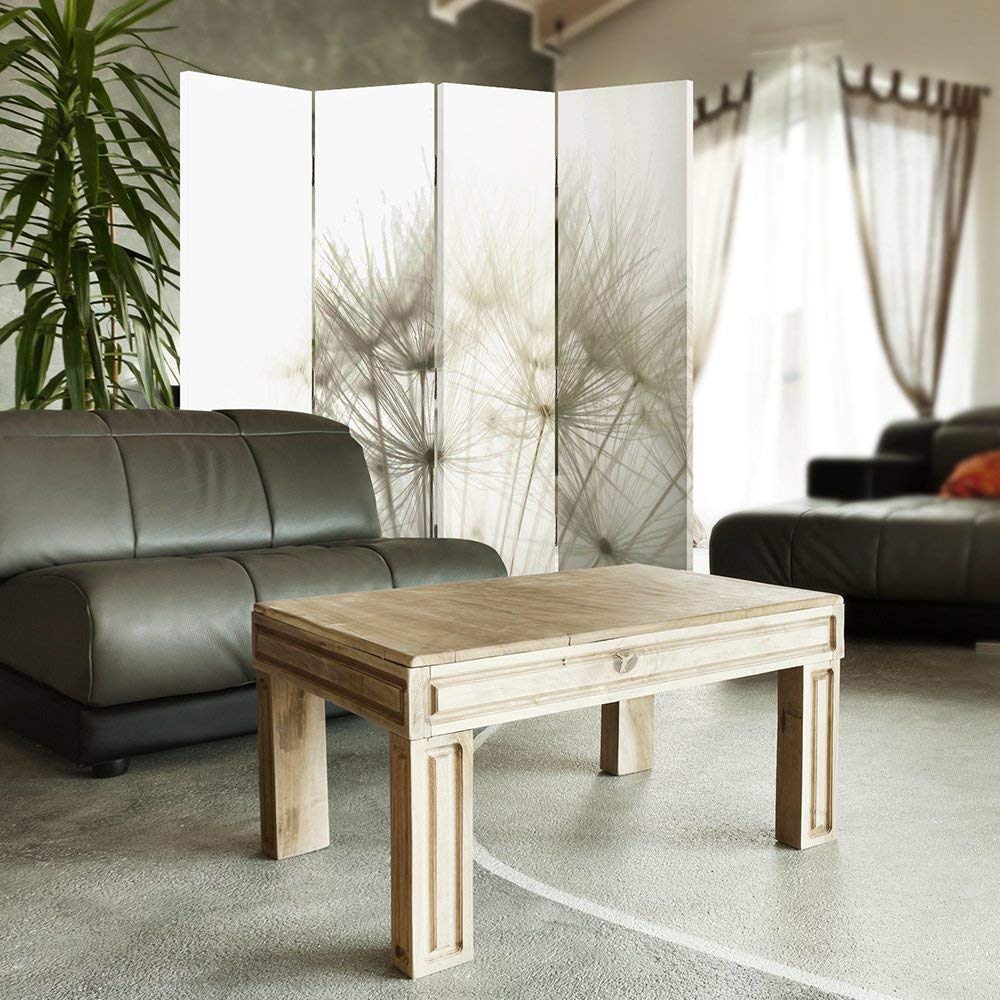 Feeby Biombo Diente De León 4 Piezas 145x180 cm Bilateral Divisor Plegable Impresión en Lienzo Separador de ambientes Habitación Salón Oficina Dormitorio Home Office Naturaleza Plantas Blanco