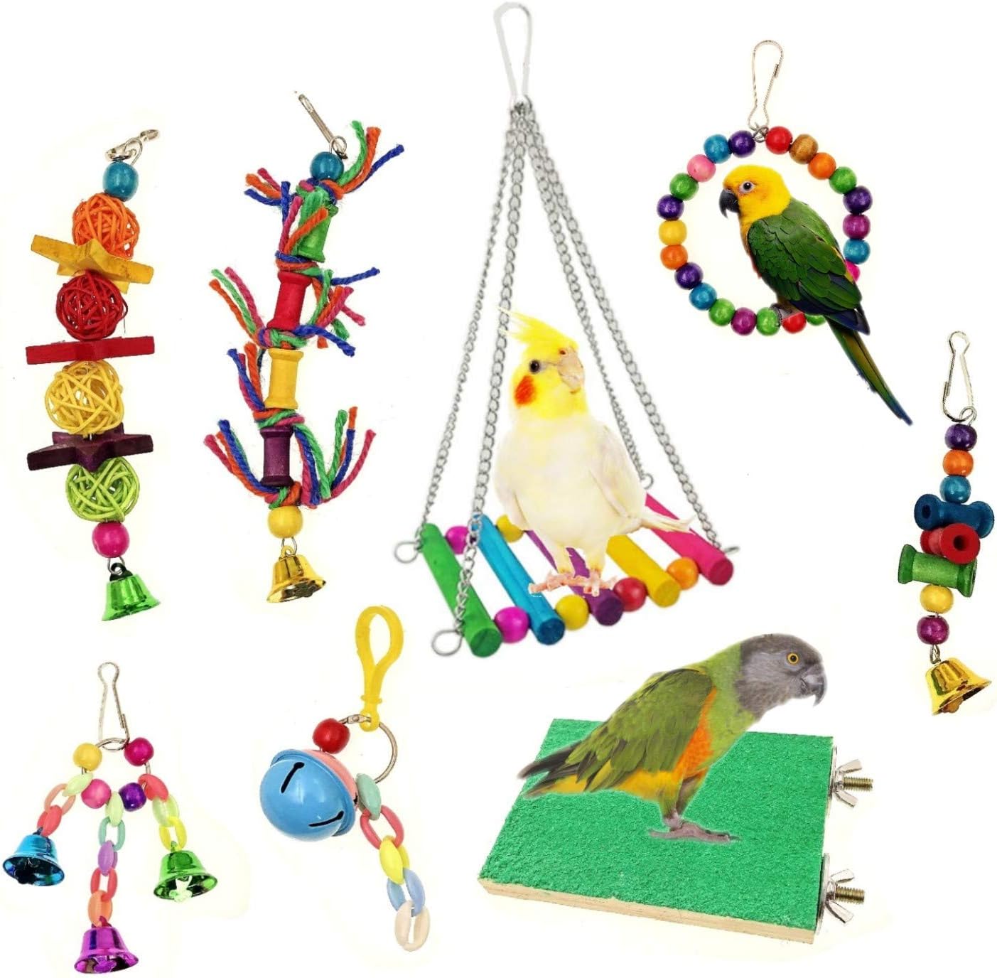 JZK 8 PCS bird toys parrots cage toys hanging swing shredding chewing