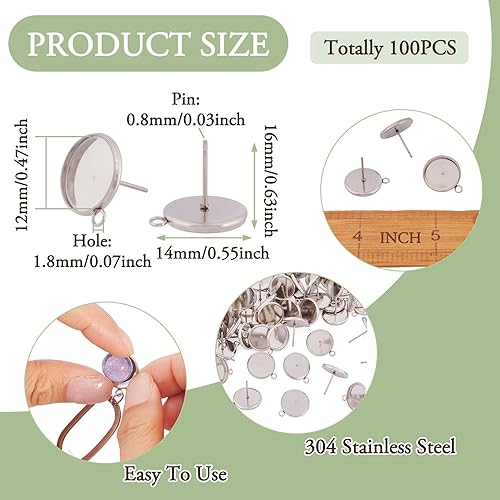 Miniatura 5 de Pandahall - 100 aretes de acero inoxidable con ajuste de cabujón de 0.472 pulgadas (0.472 in), bandeja de bisel redonda plana con lazo para hacer