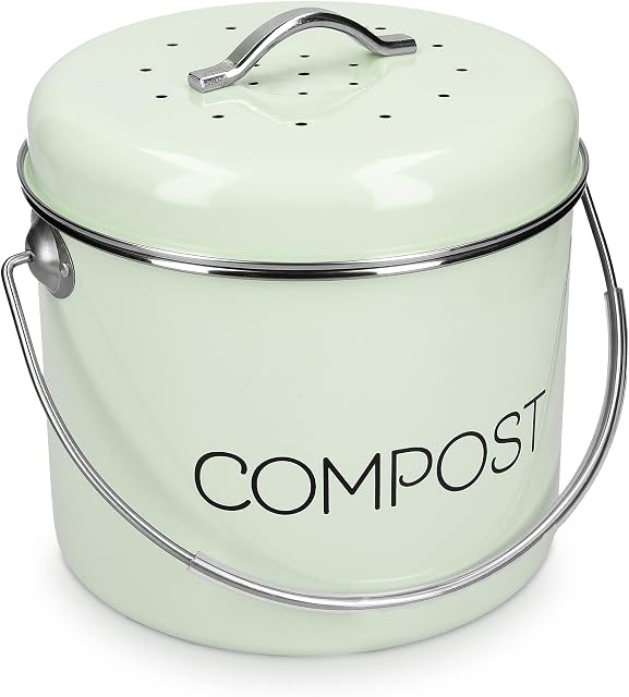 Navaris Metal Compost Caddy Bin - 5 Litre Kitchen Composting Bucket with Charcoal Filter and Lid for Indoor Organic Food Waste Recycling - Mint Green