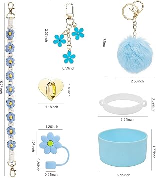 7PCS Stanley Cup Accessories Set for 30oz 40oz Tumbler,Including Silicone Stanley Cup Boot Straw Cover, Round Plush Charm, Water Bottle Handle Strap&Tumbler Charms Decorations (Blue)
