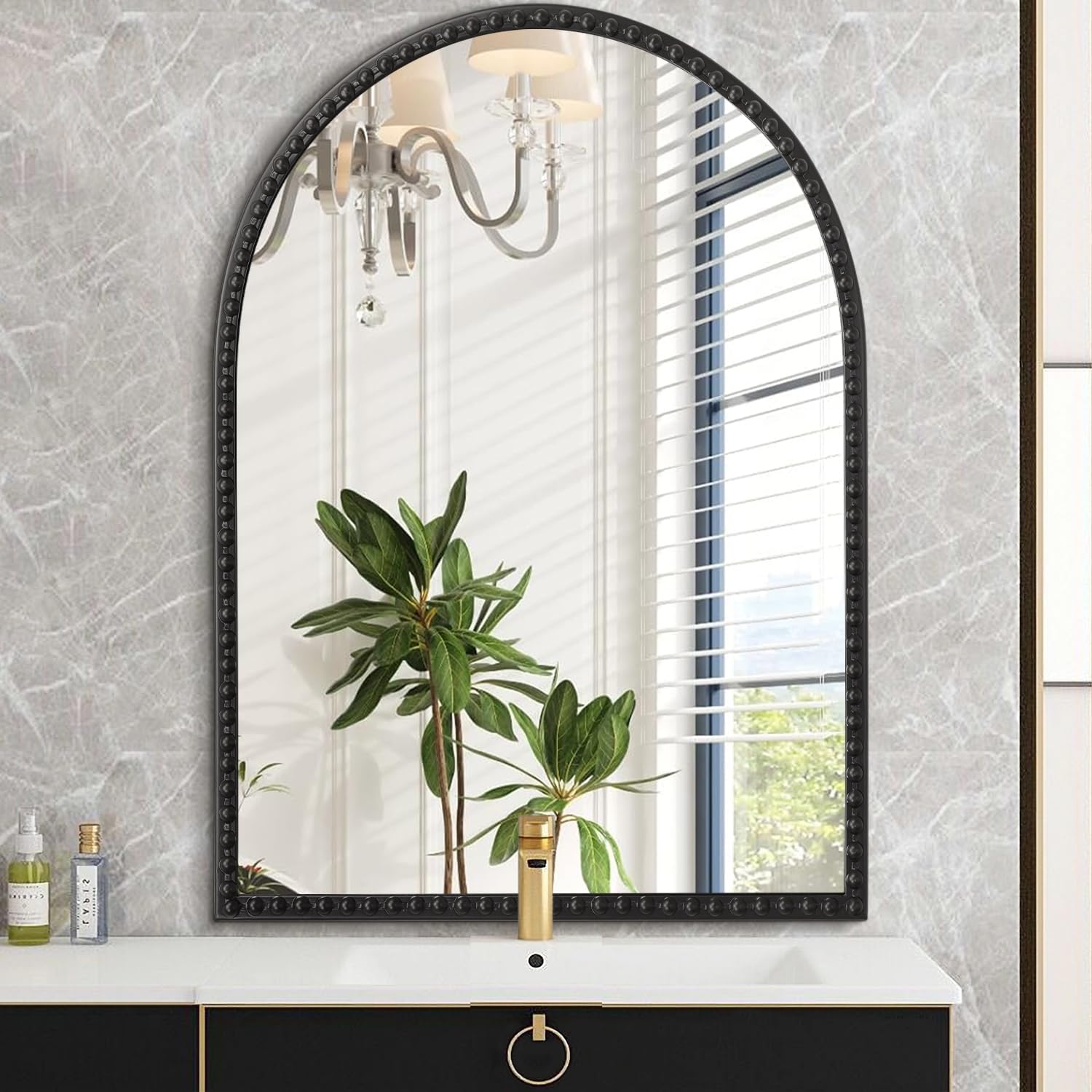 Large Arch Wall Mirror, Arched Mirror for Bathroom, Vintage Metal Beaded Frame Decor Mirrors for Bedroom Accent Living Room Vanity Entryway