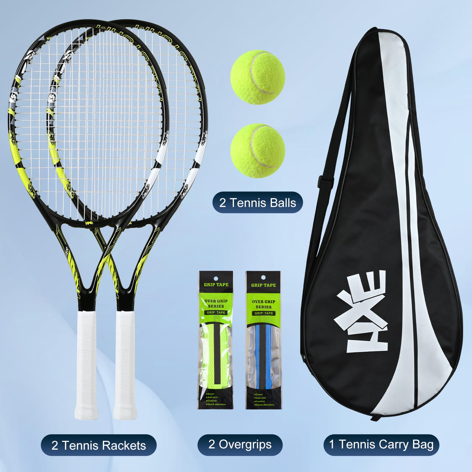 Tennis Rackets for Adults, 2 Player Pre-Strung 27 inch Recreational Tennis Racquet Set for Beginner and Professional with 2 Balls, 2 Overgrips and 1 Carrying Bag